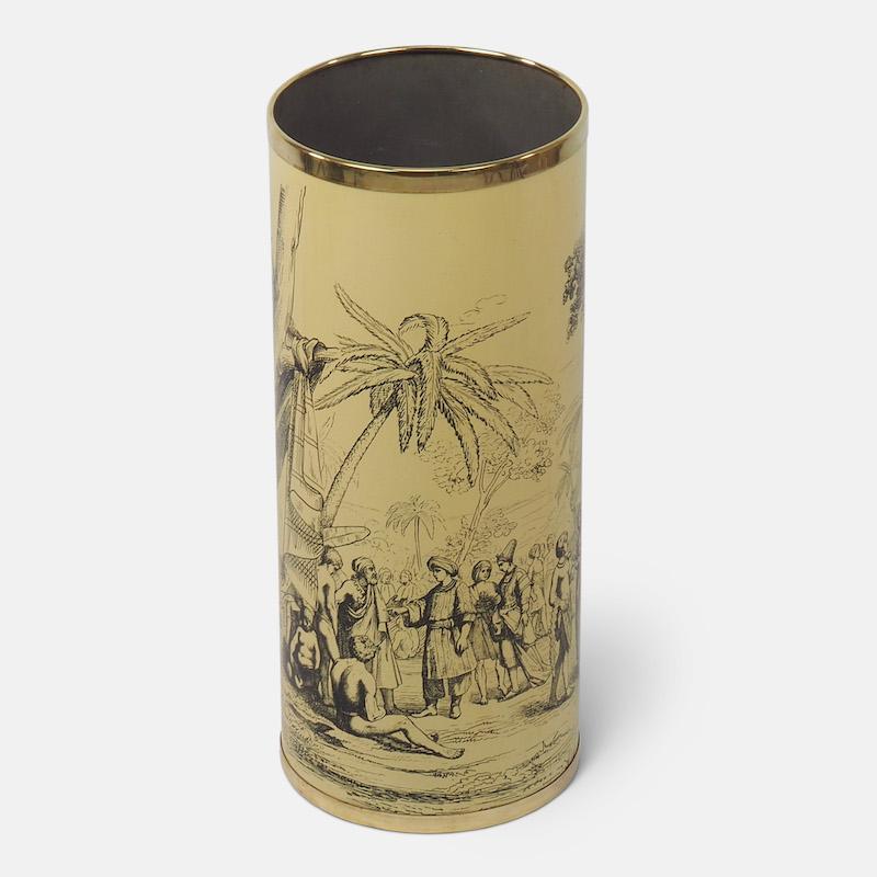 Italian 1950s umbrella stand from Bucciarelli of Milan with brass rim and graphic oriental print on an ivory enamelled surface. This peice was most likely one of a number of designs by Fornasetti commisioned by the Milanese department store