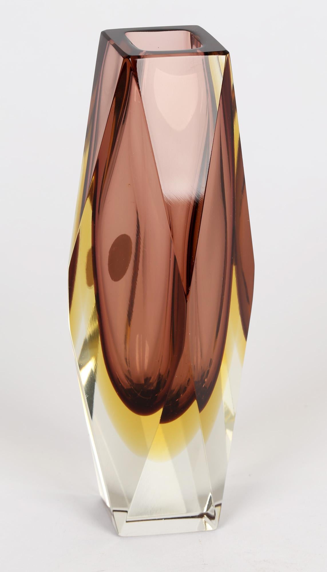 Bucella Cristalli Murano Aubergine and Yellow Sommerso Art Glass Vase 2