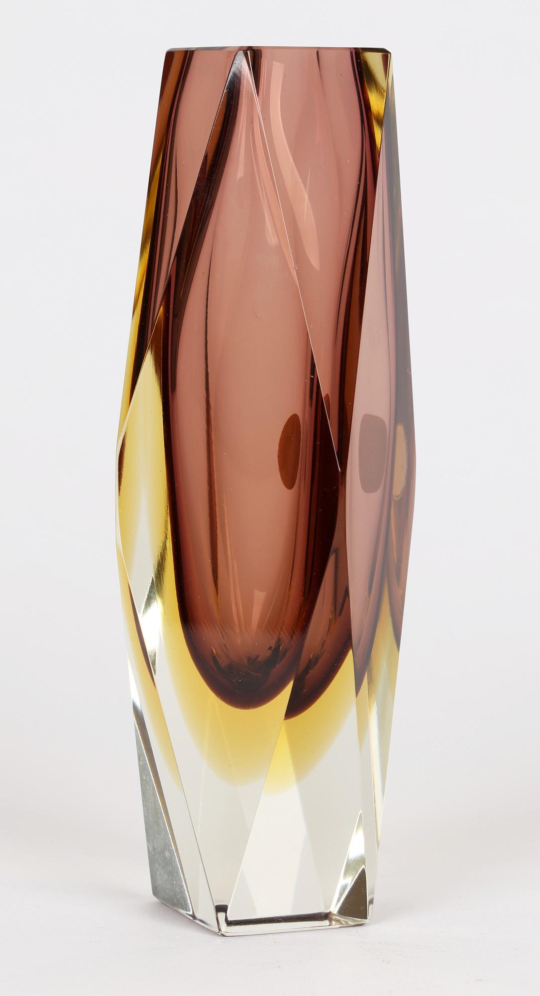 Bucella Cristalli Murano Aubergine and Yellow Sommerso Art Glass Vase 4