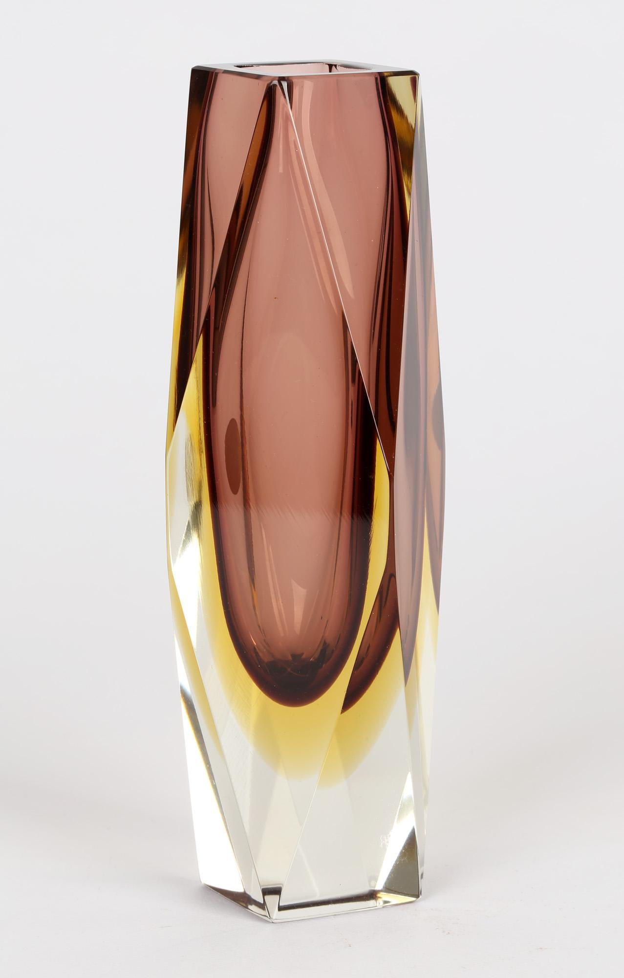 Bucella Cristalli Murano Aubergine and Yellow Sommerso Art Glass Vase 6