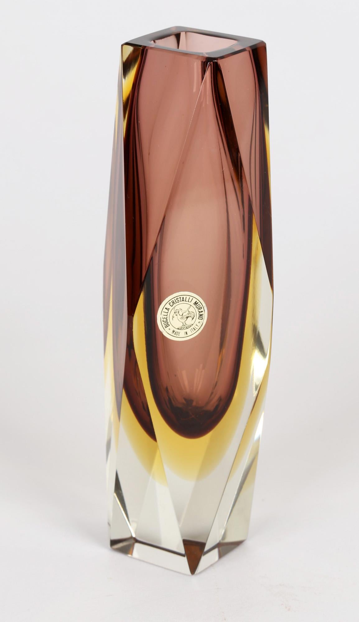 20th Century Bucella Cristalli Murano Aubergine and Yellow Sommerso Art Glass Vase