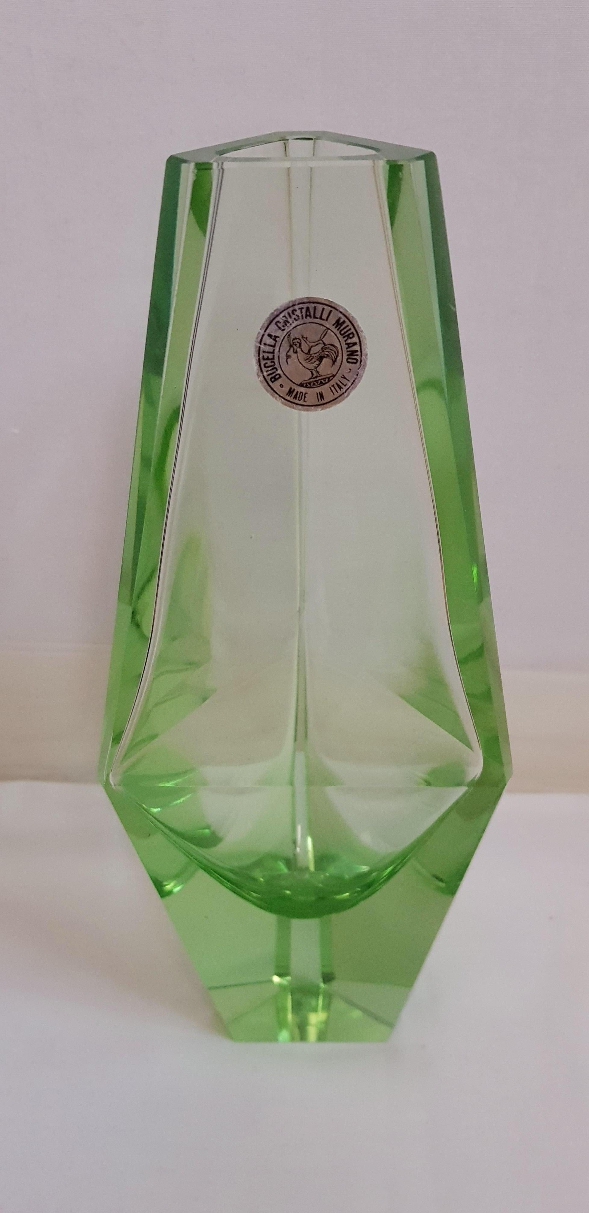 Beautiful murano glass Bucella cristalli faceted green vase, beautiful electric green perfect condition with original label.