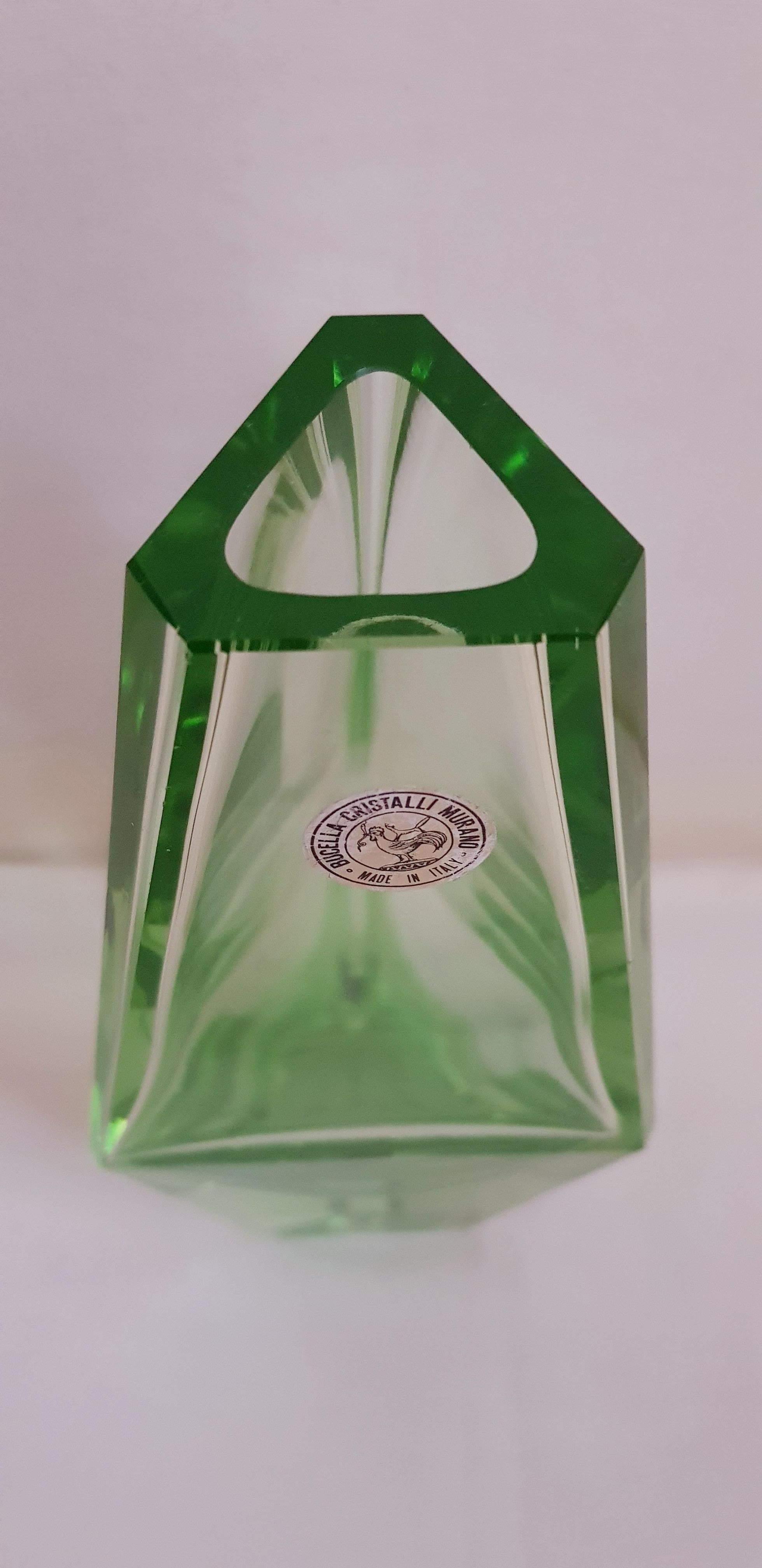 Art Deco Bucella Cristalli Murano Glass Green Faceted Vase For Sale