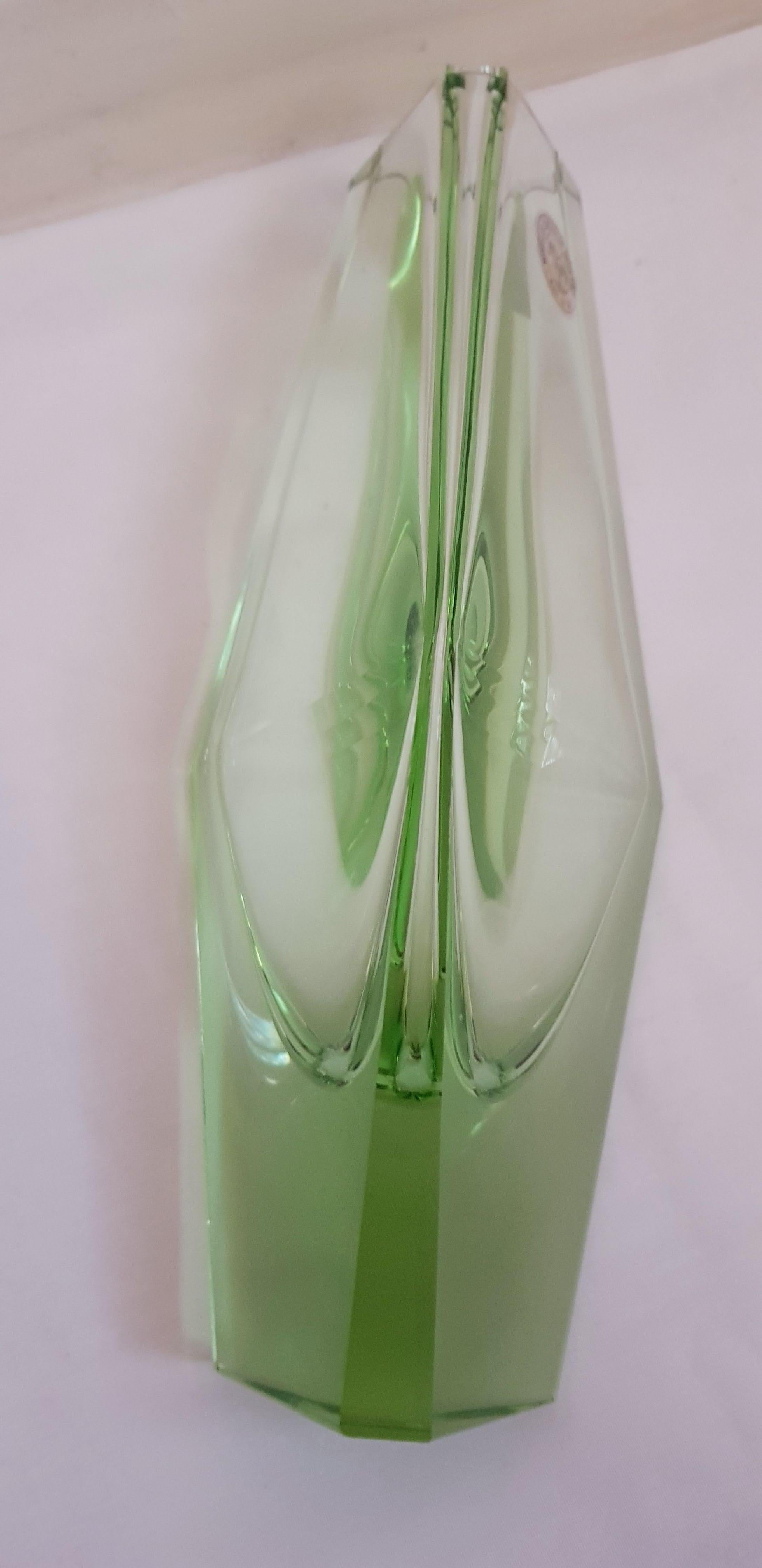 Italian Bucella Cristalli Murano Glass Green Faceted Vase For Sale