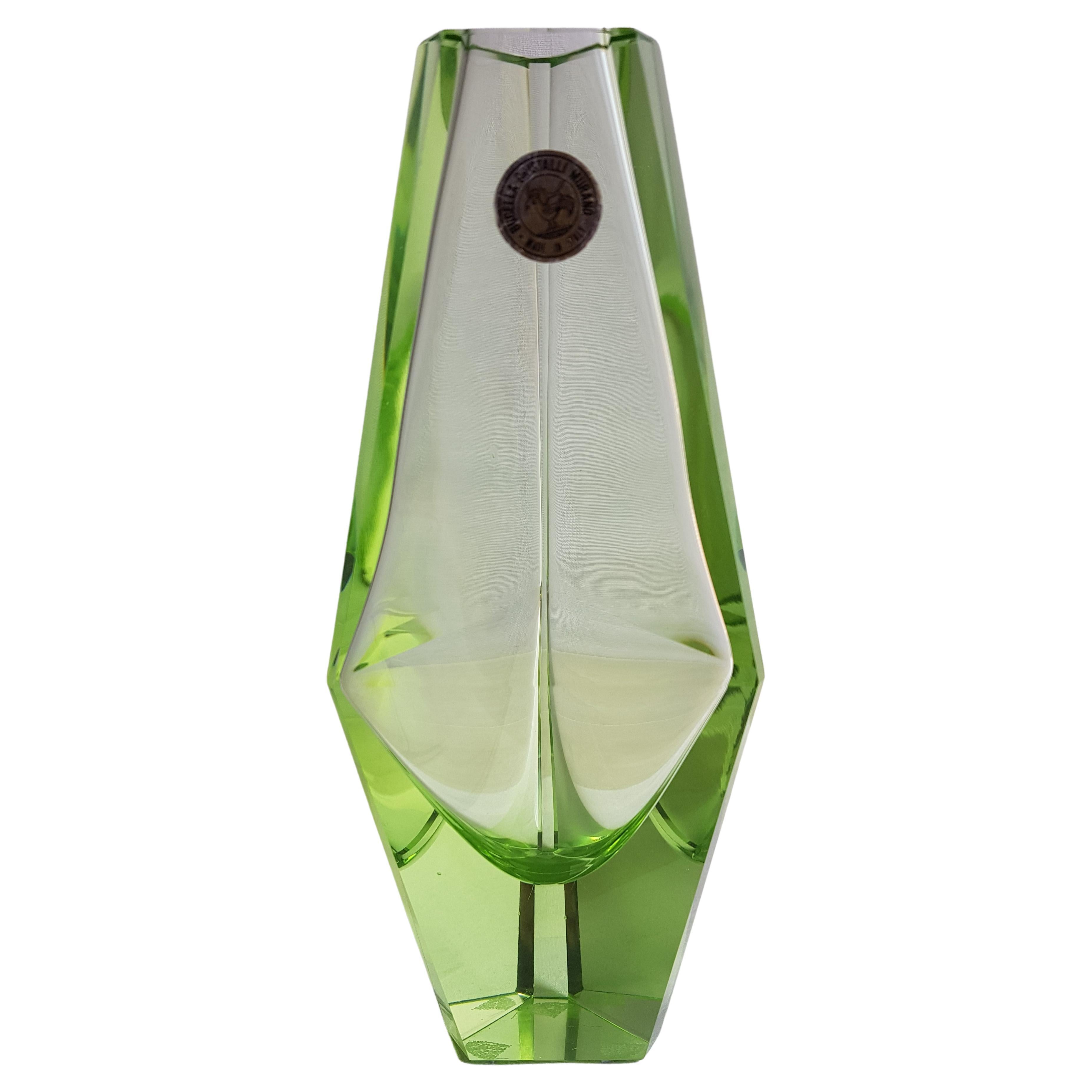 Bucella Cristalli Murano Glass Green Faceted Vase For Sale