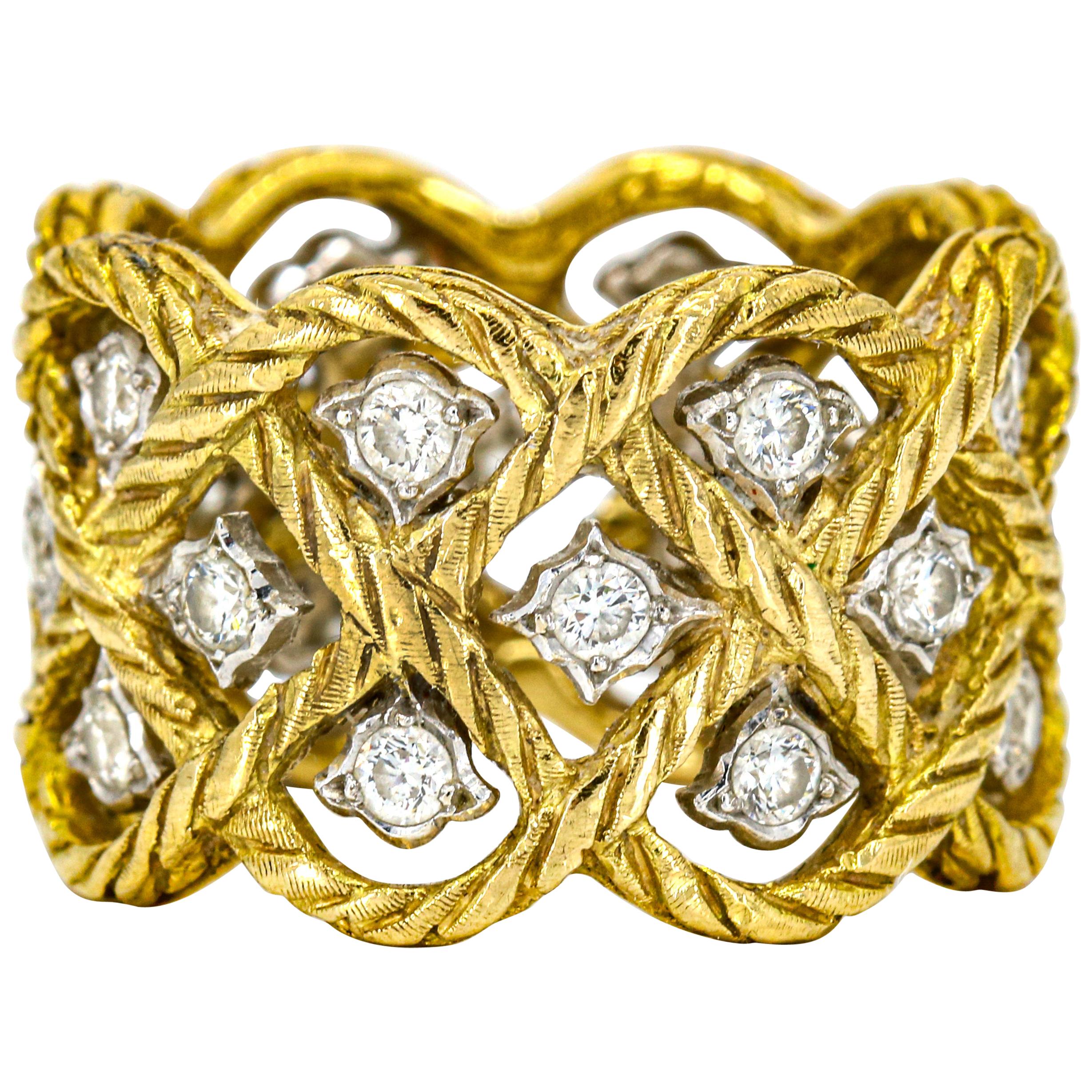 Bucellati 18 Karat Gold Etoilee Diamond Wide Band Ring For Sale