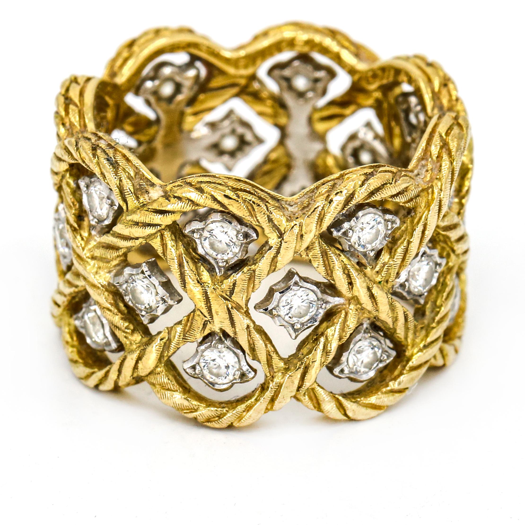 Round Cut Bucellati 18 Karat Gold Etoilee Diamond Wide Band Ring For Sale
