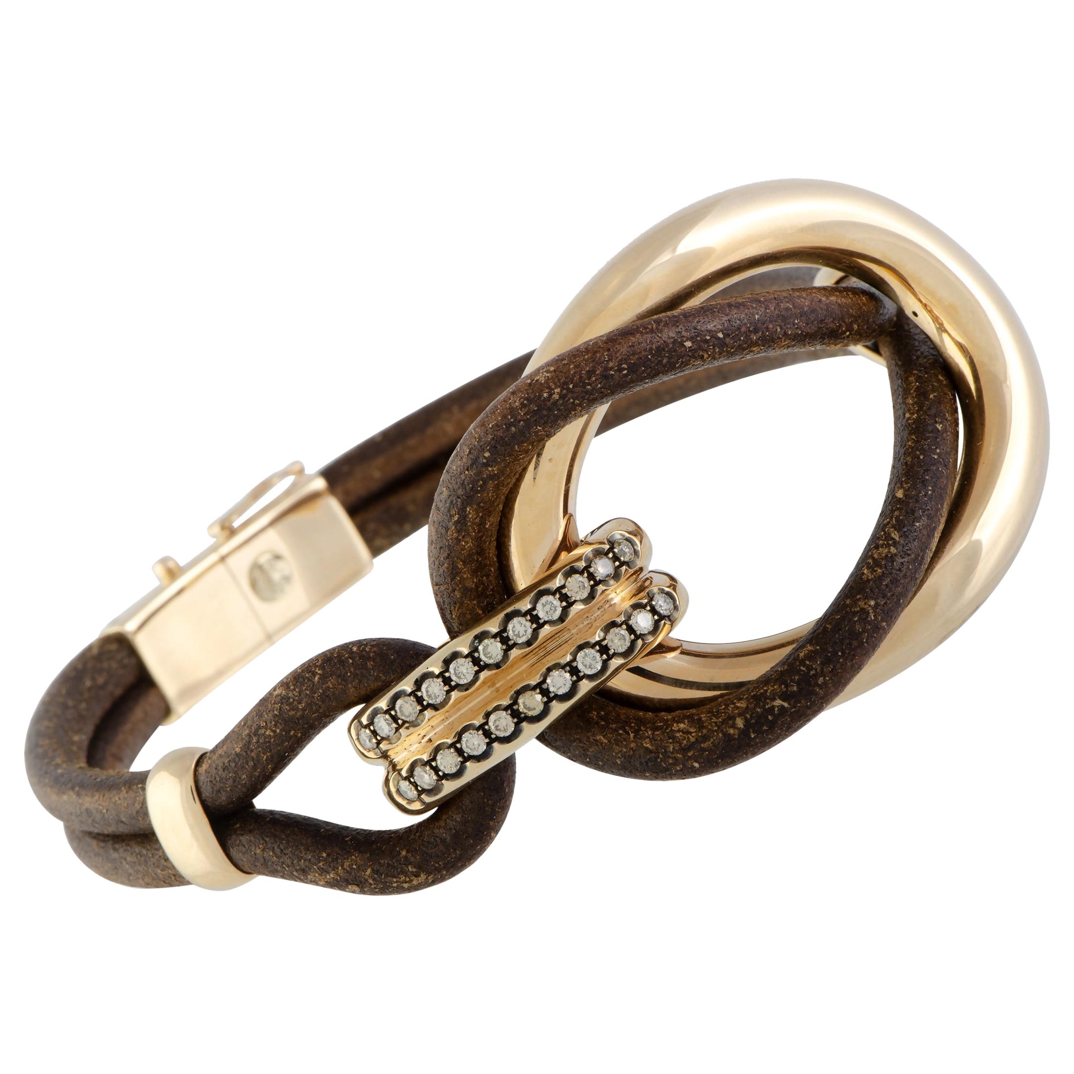 Bucherer 18 Karat Gold Brown Diamonds and Brown Leather Large Double Loop Bangle
