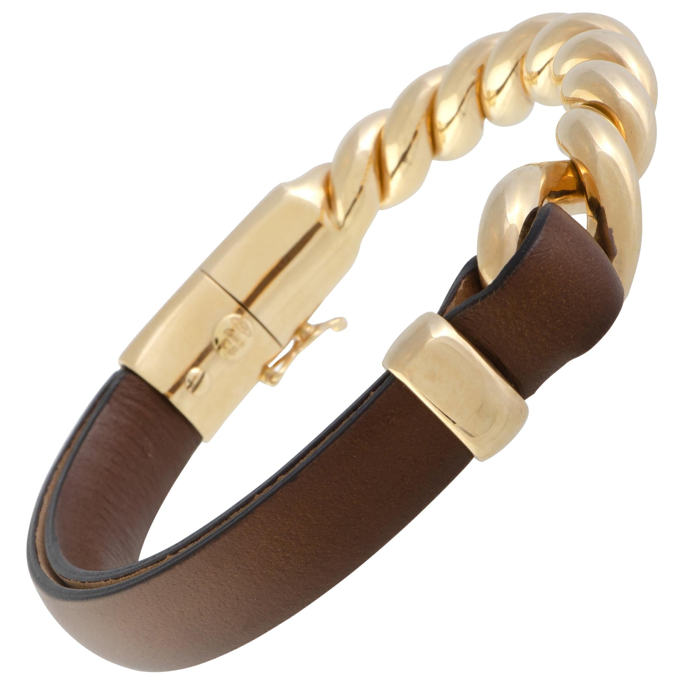 Bucherer 18 Karat Rose Gold and Brown Leather Bangle Bracelet