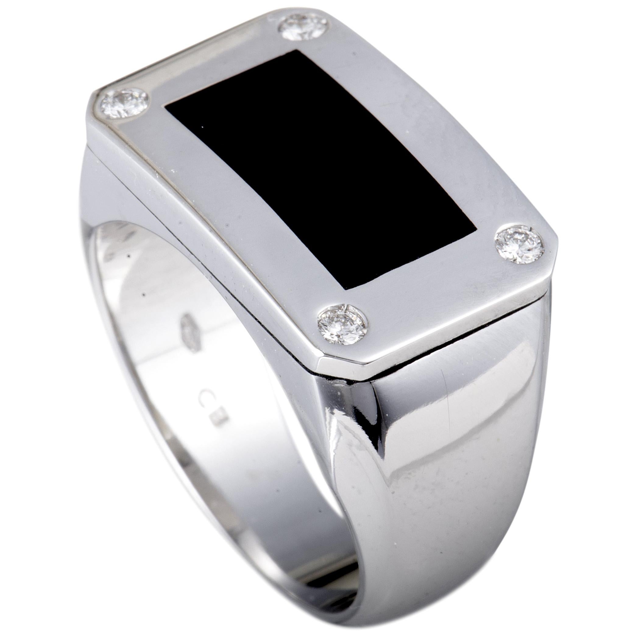 Bucherer 18 Karat White Gold 4 Diamond and Onyx Rectangle Signet Ring