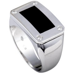 Bucherer 18 Karat White Gold 4 Diamond and Onyx Rectangle Signet Ring