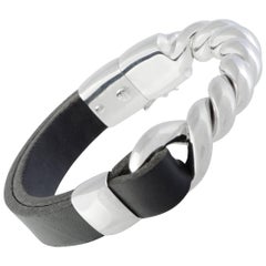 Bucherer 18 Karat White Gold and Black Leather Bangle Bracelet