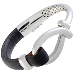 Bucherer 18 Karat White Gold Loop Black Leather Bangle Bracelet