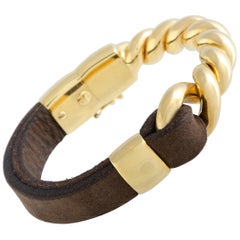 Bucherer 18 Karat Yellow Gold Cable and Brown Leather Bangle Bracelet