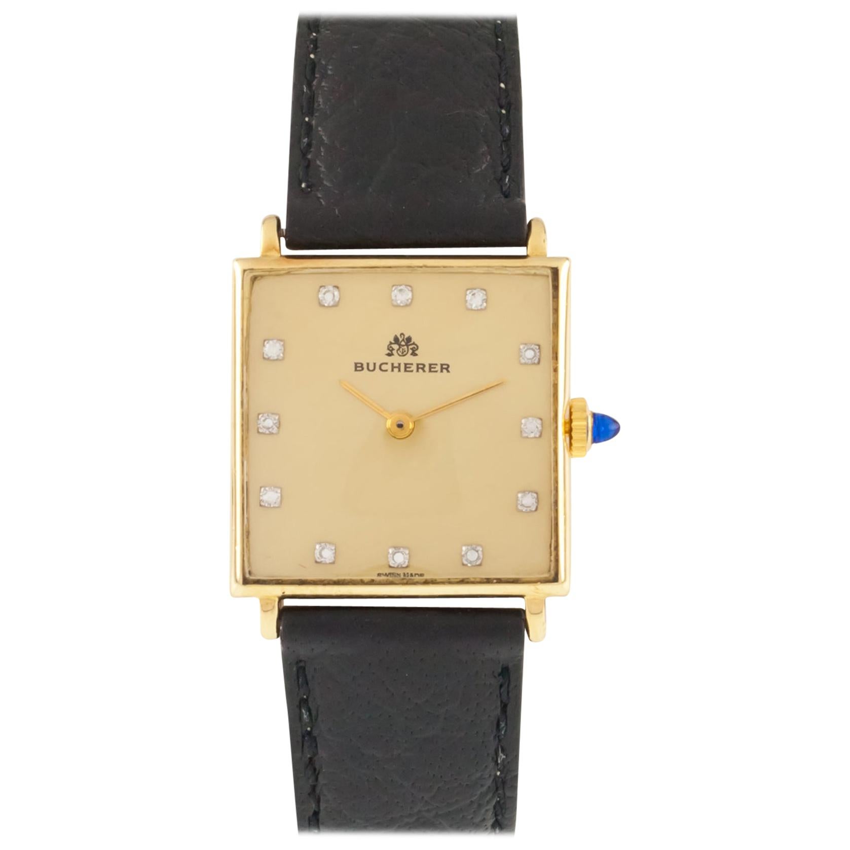Bucherer 18k Gold Men's Hand-Winding Watch with Diamond Dial and Leather Band