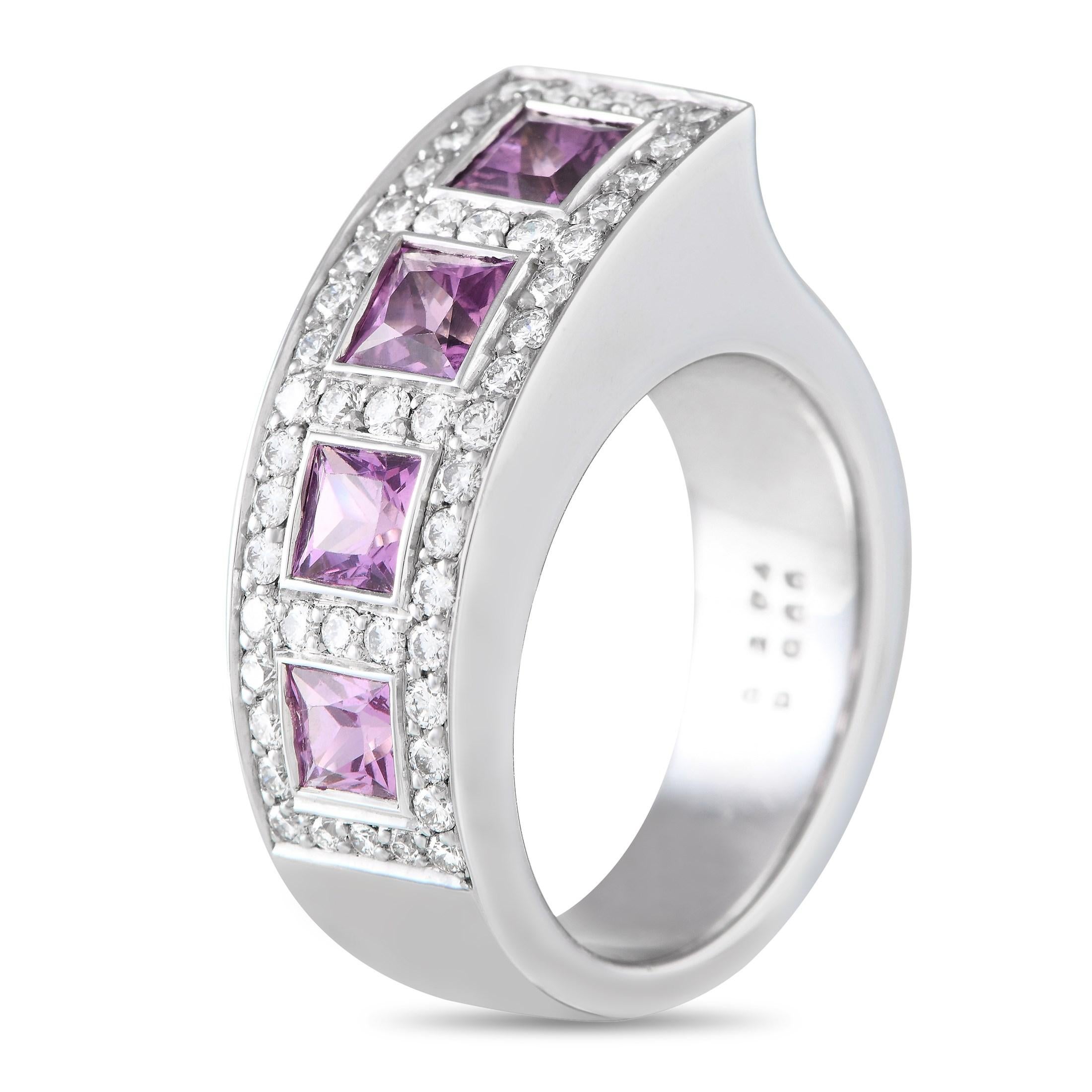 A series of four pink sapphire gemstones totaling 2.13 carats serve add the perfect pop of color to this impressive Bucherer ring. Elevated by diamond accents with a total weight of 0.65 carats, the 18K white gold setting features an asymmetrical