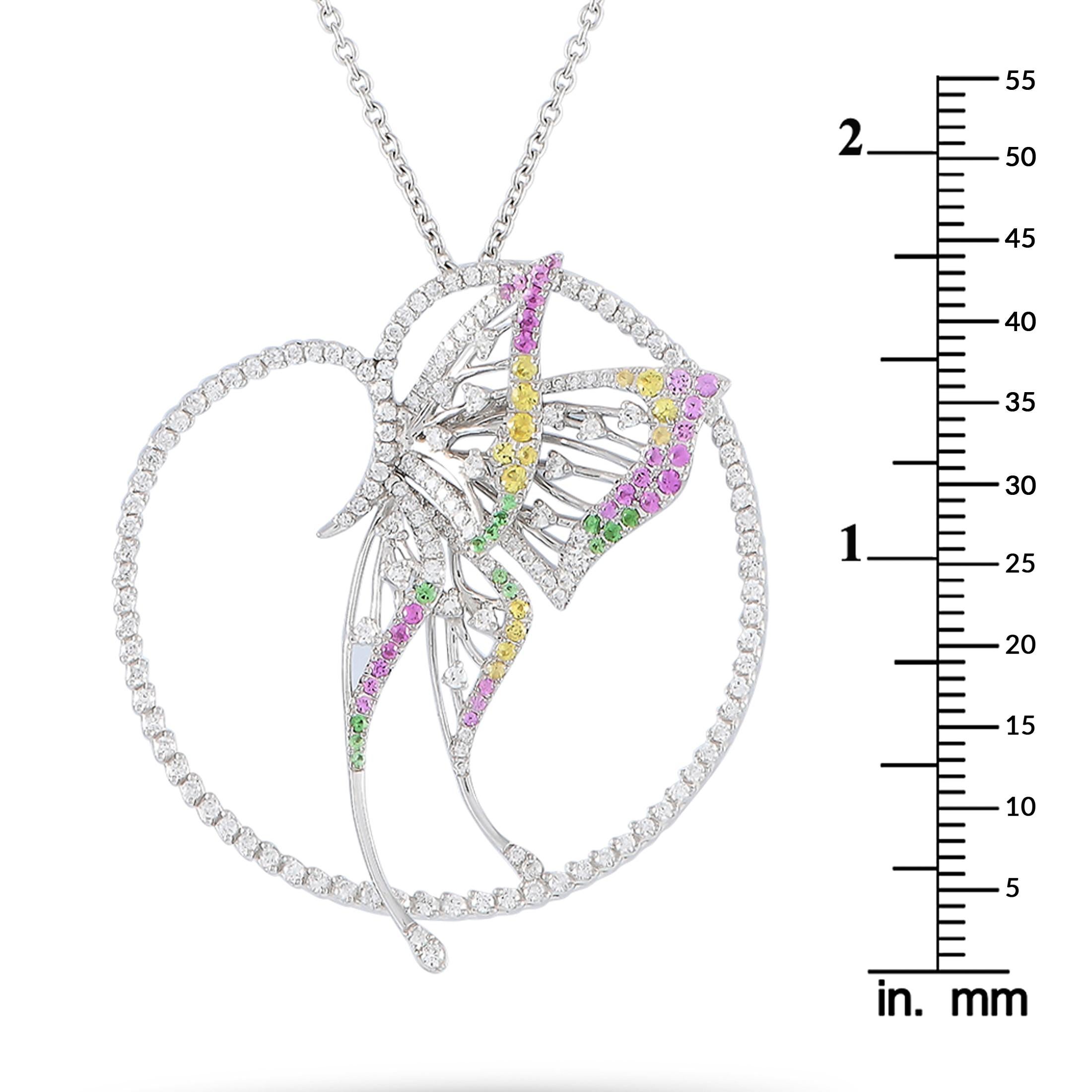 Bucherer, collier papillon en or blanc 18 carats, diamants 2,20 carats, saphirs et tsavorites Neuf - En vente à Southampton, PA