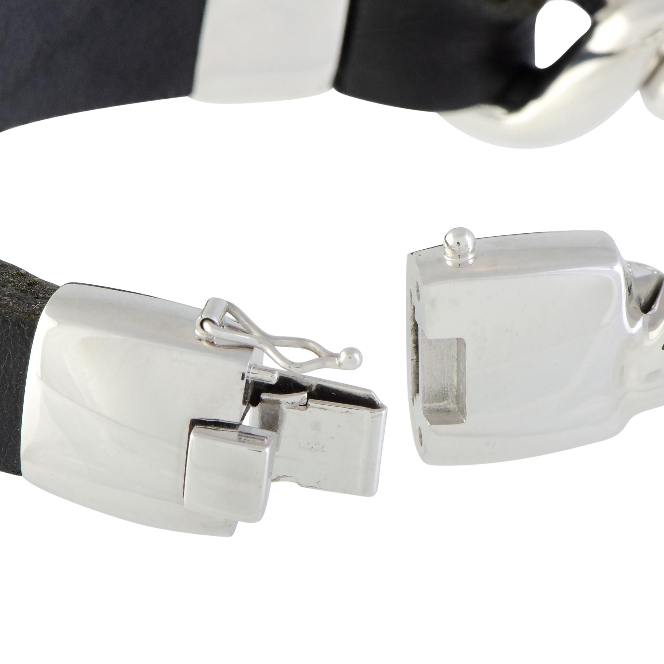 Bucherer 18 Karat White Gold and Black Leather Bangle Bracelet In New Condition In Southampton, PA