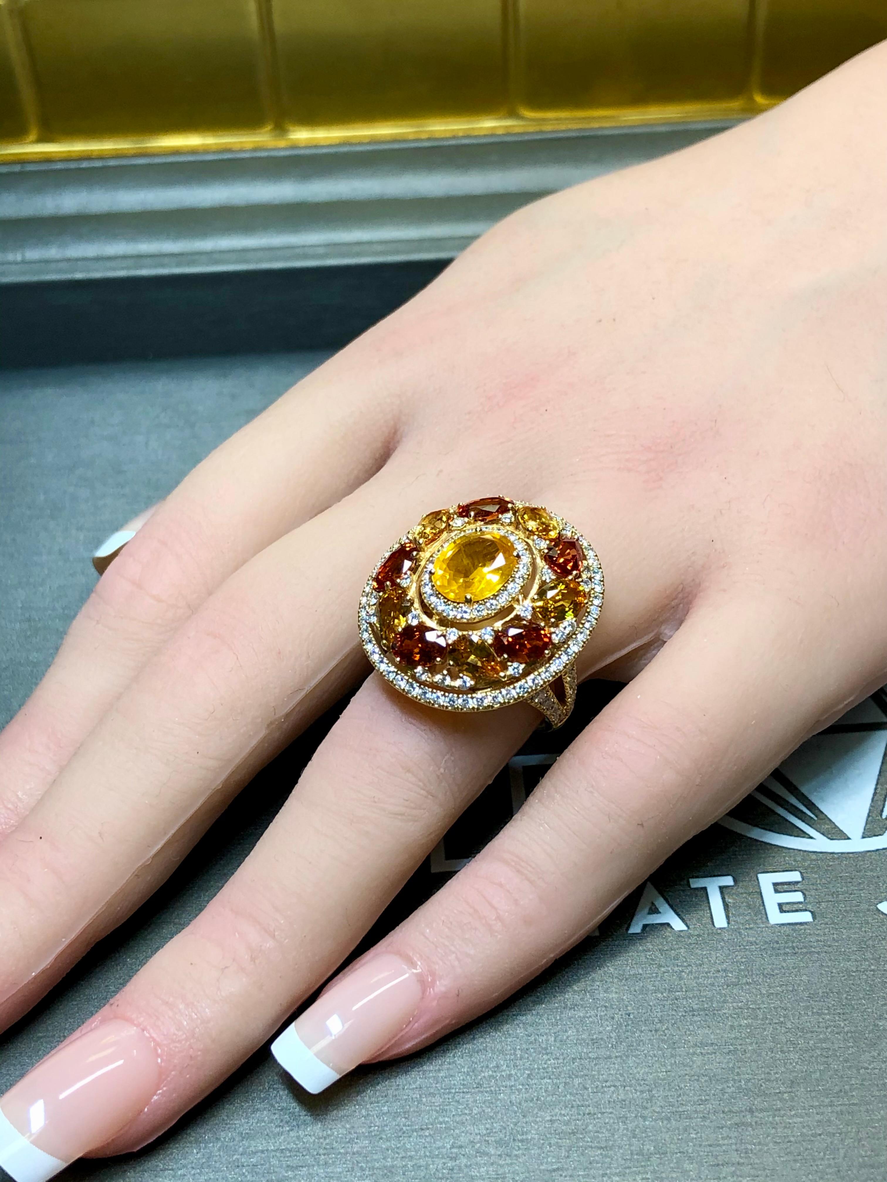 BUCHERER 18K Yellow Orange Sapphire Diamond Large Oval Cocktail Ring 9.40ctw For Sale 5