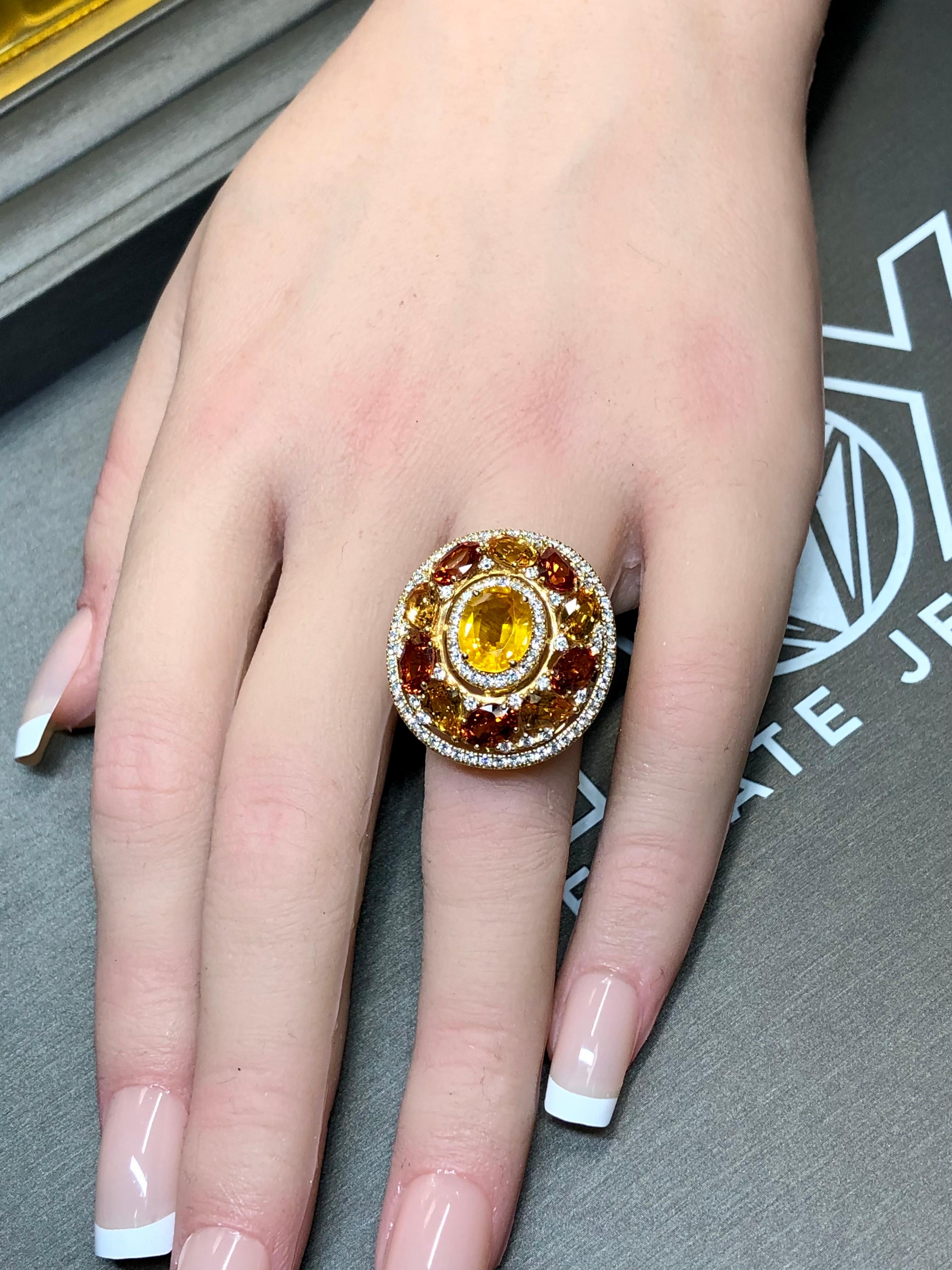 BUCHERER 18K Yellow Orange Sapphire Diamond Large Oval Cocktail Ring 9.40ctw For Sale 6