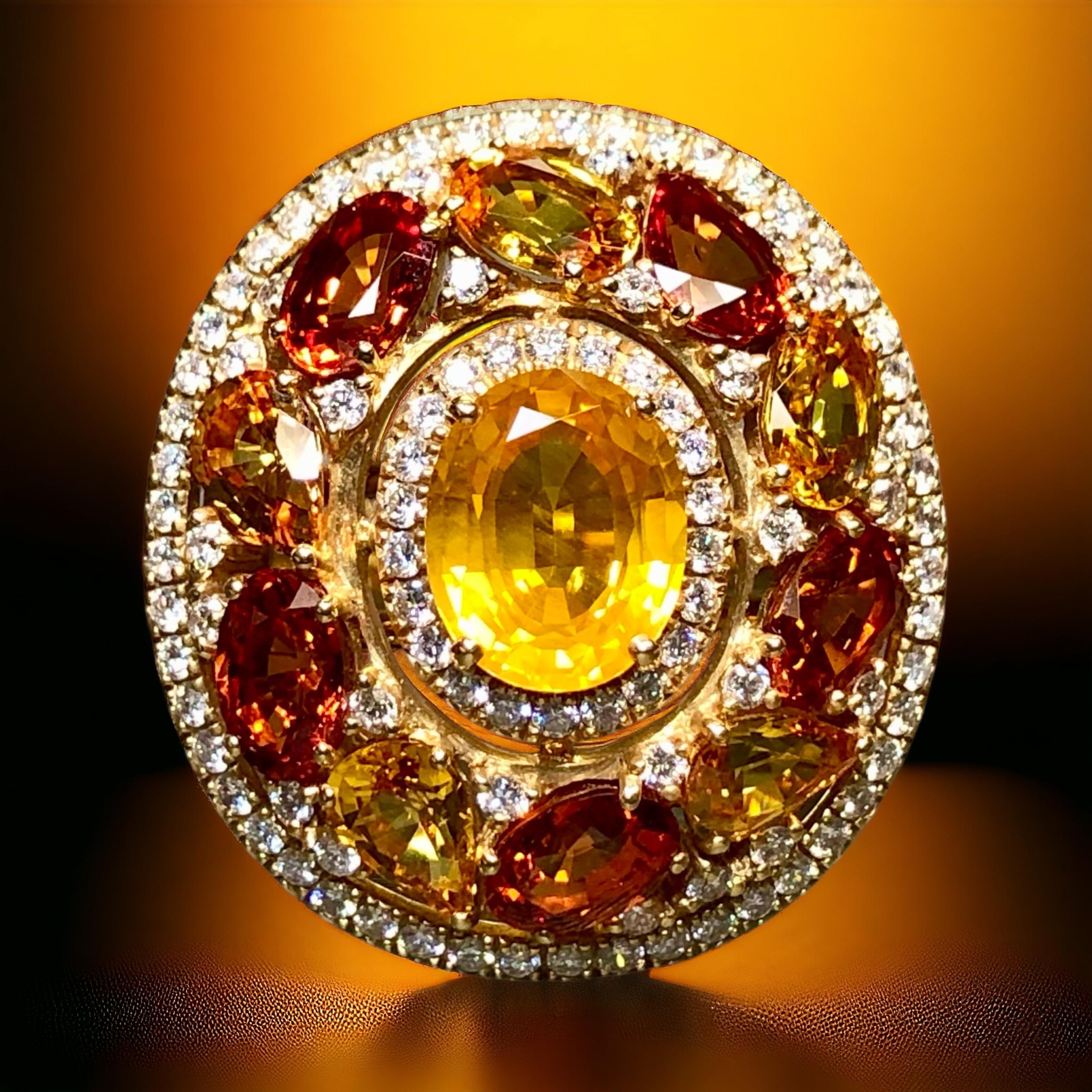 BUCHERER 18K Yellow Orange Sapphire Diamond Large Oval Cocktail Ring 9.40ctw For Sale 7