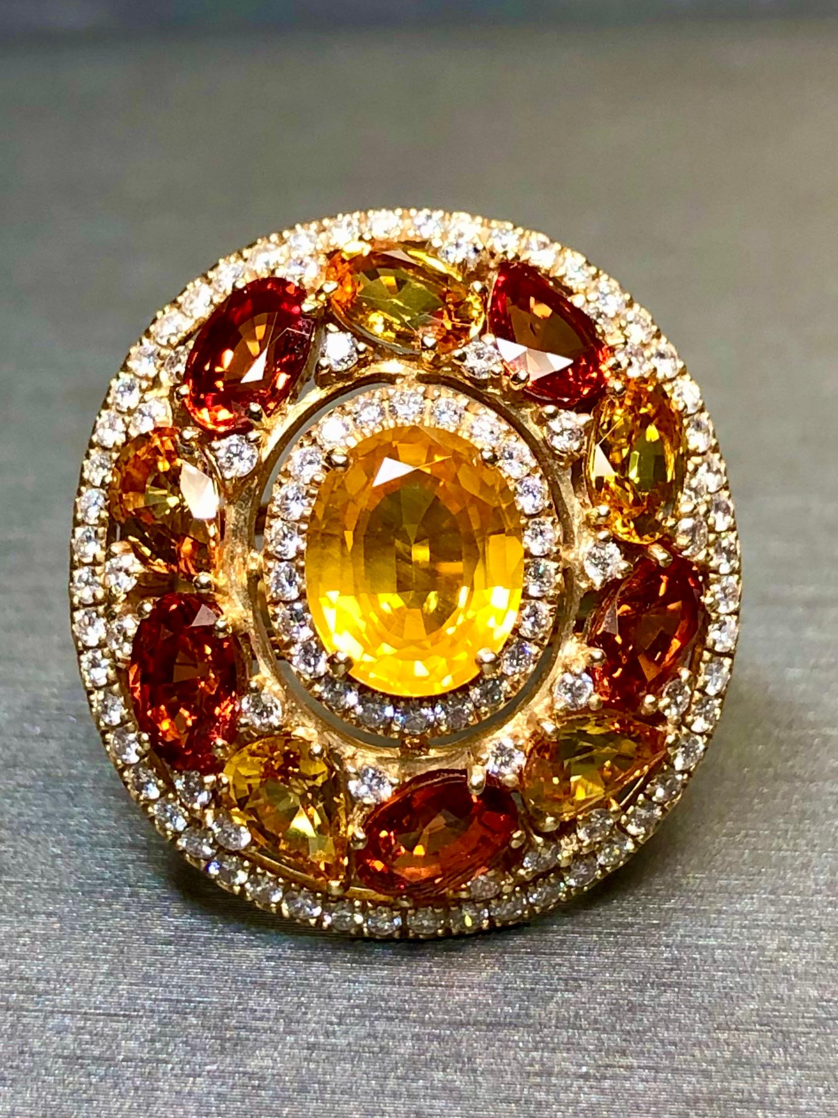 BUCHERER 18K Yellow Orange Sapphire Diamond Large Oval Cocktail Ring 9.40ctw In Excellent Condition For Sale In Winter Springs, FL