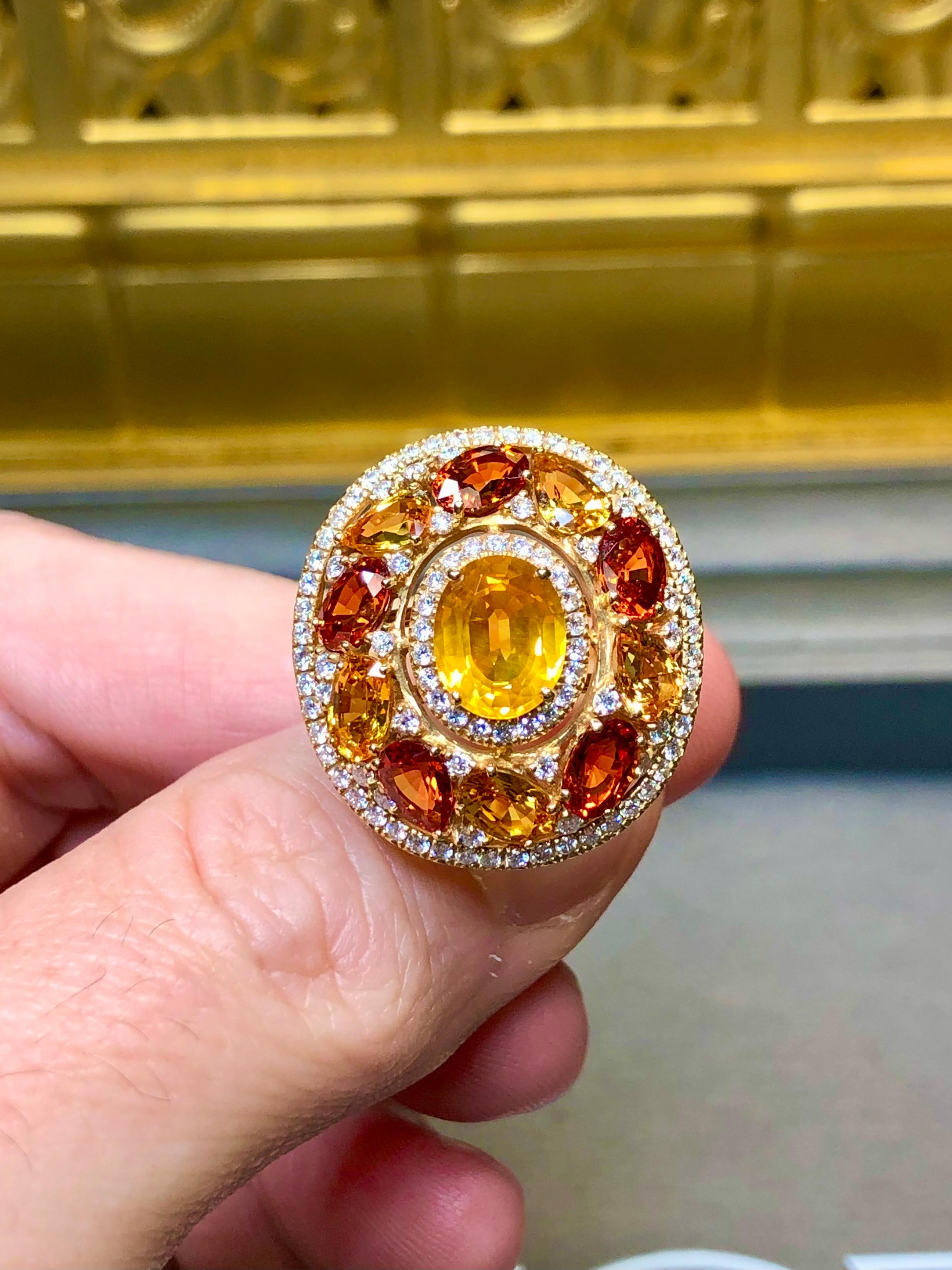 BUCHERER 18K Yellow Orange Sapphire Diamond Large Oval Cocktail Ring 9.40ctw For Sale 1