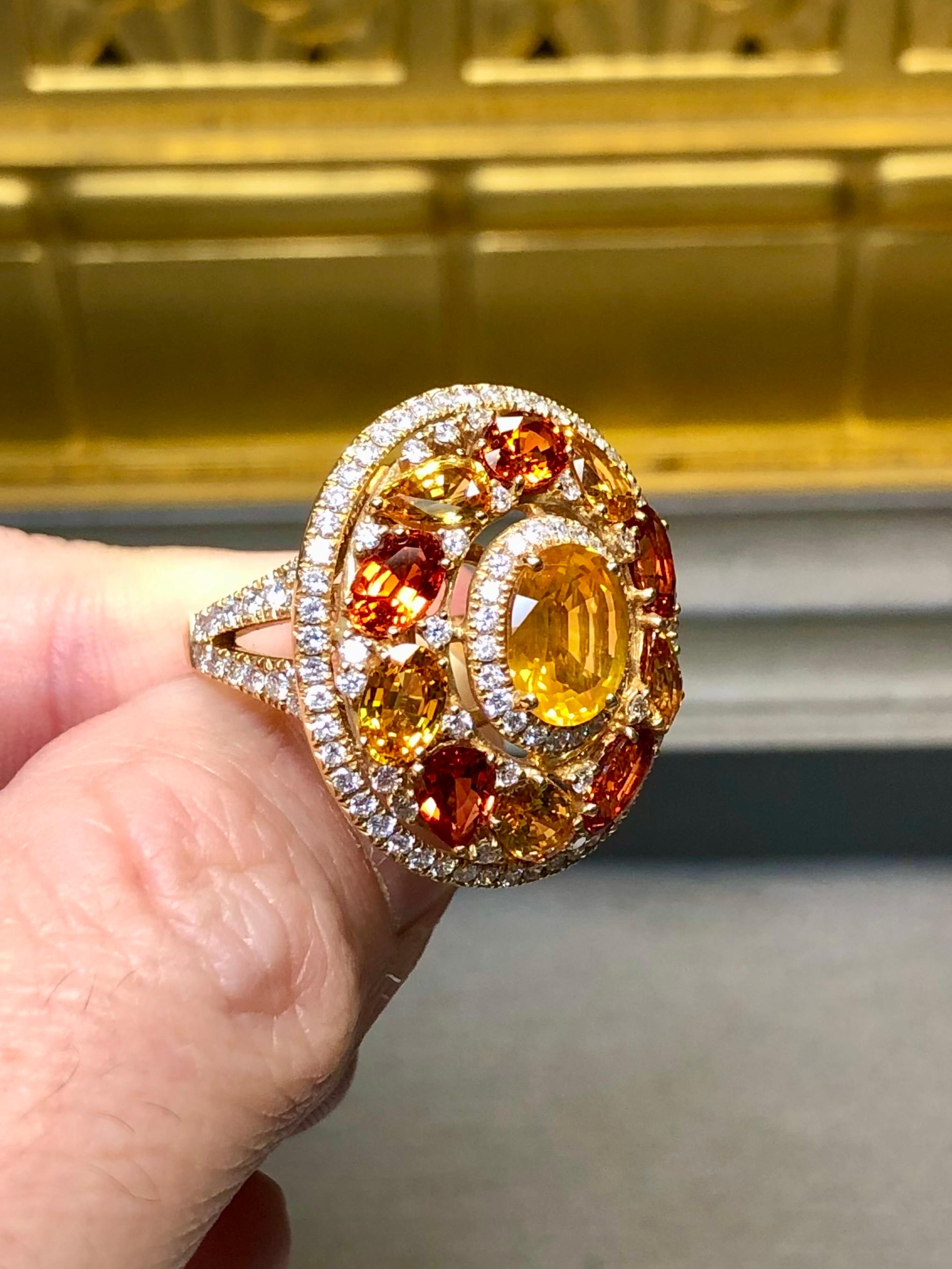 BUCHERER 18K Yellow Orange Sapphire Diamond Large Oval Cocktail Ring 9.40ctw For Sale 2
