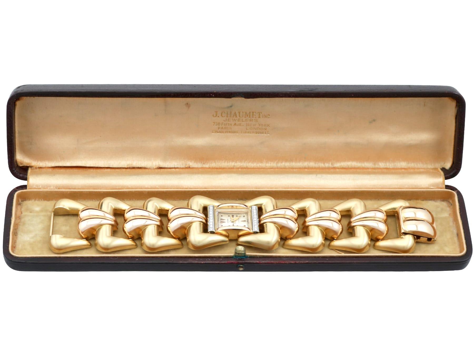 Bucherer 1940s Swiss Yellow, Rose, and White Gold Wristwatch For Sale 3