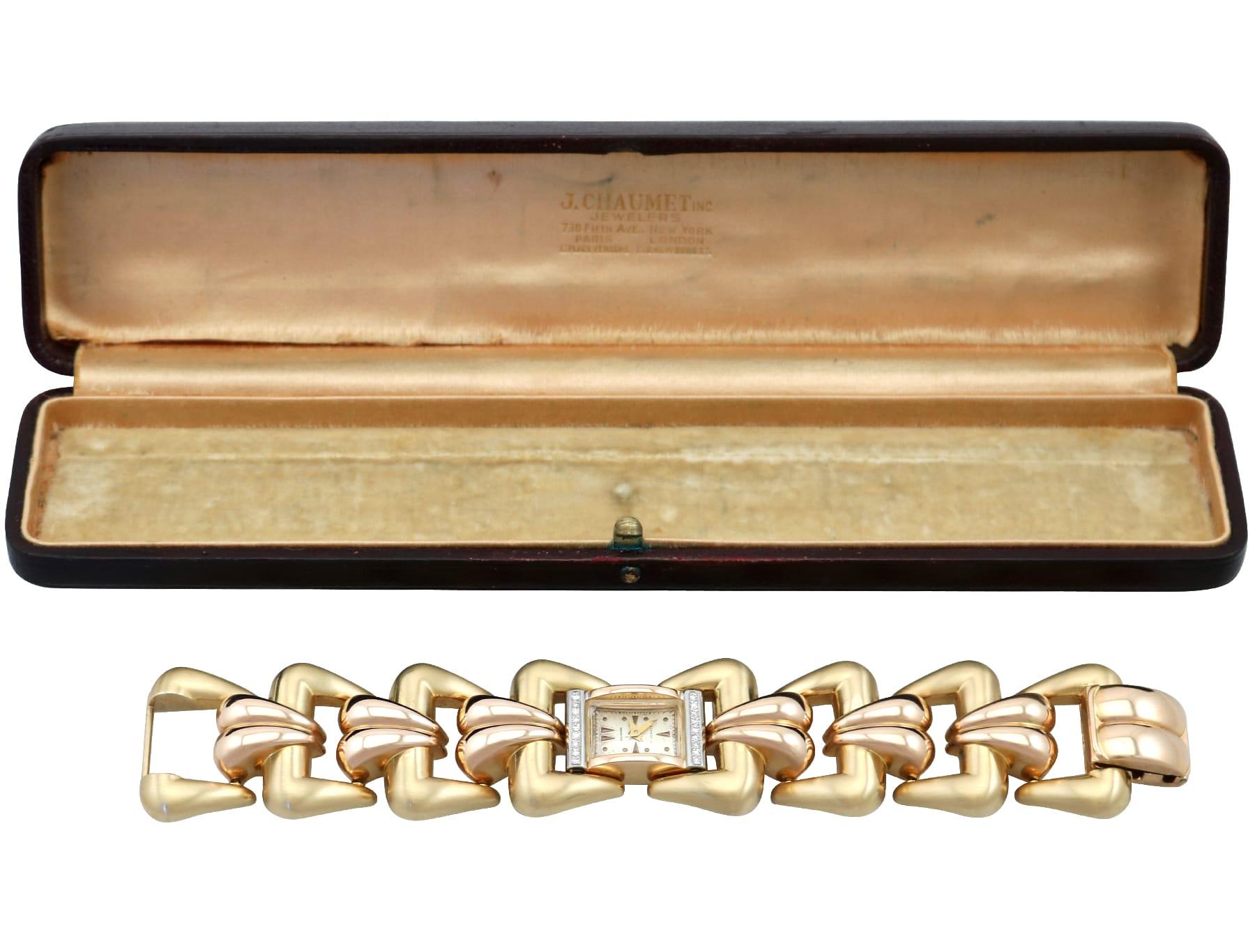 Bucherer 1940s Swiss Yellow, Rose, and White Gold Wristwatch For Sale 4