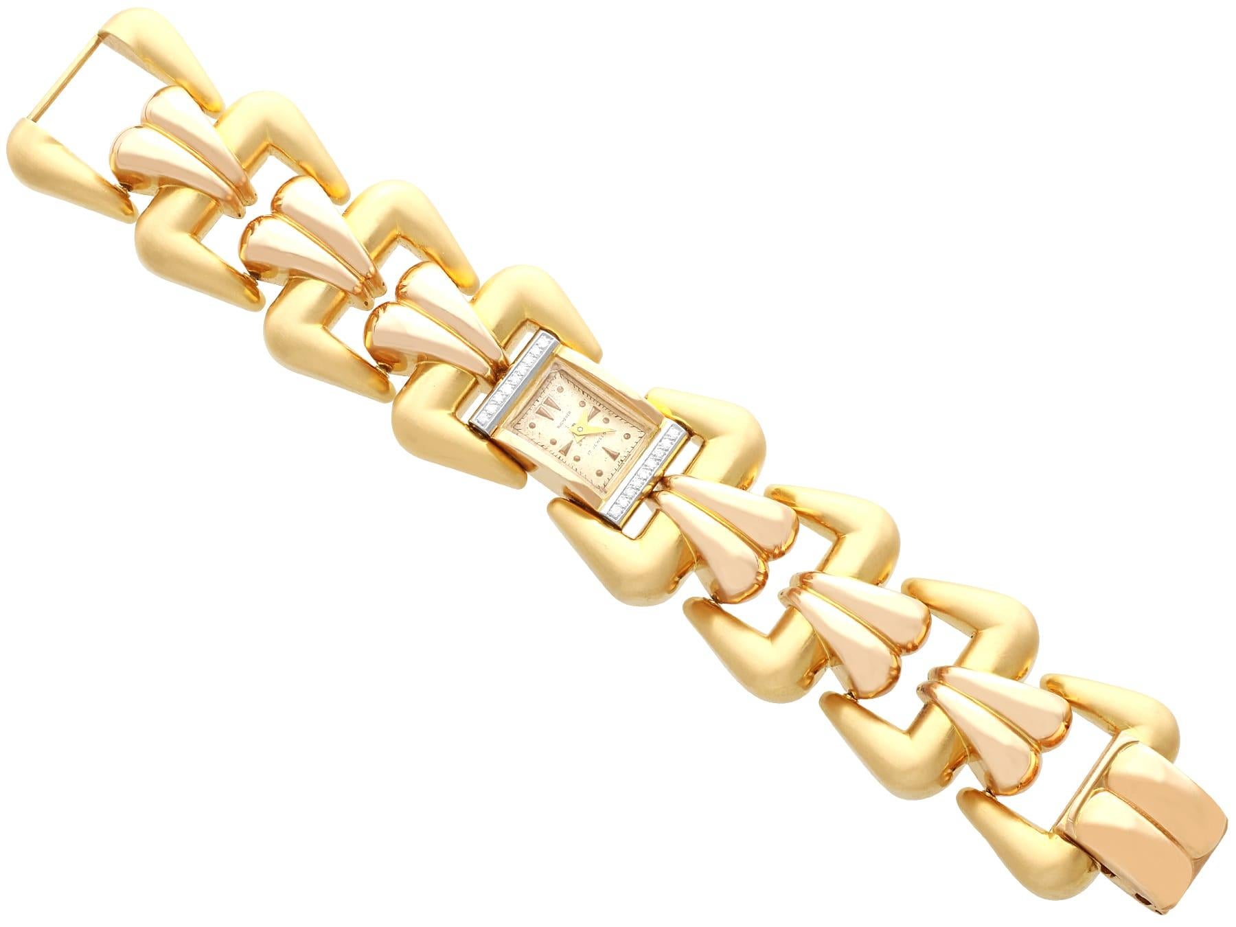 Women's Bucherer 1940s Swiss Yellow, Rose, and White Gold Wristwatch For Sale
