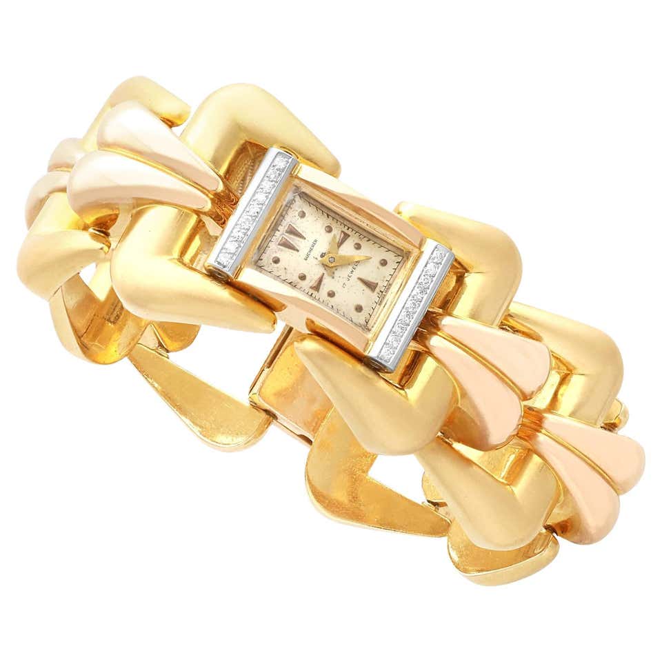 Art Deco Style 1950s Swiss Ruby and Diamond Yellow Gold Omega Watch For ...