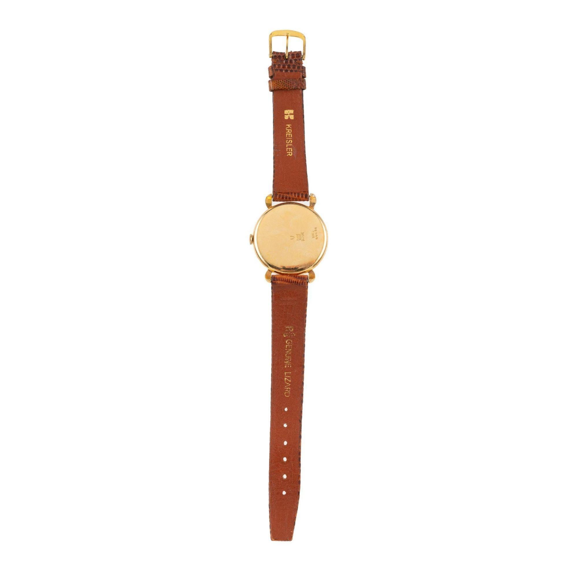 Art Deco Bucherer 33mm Manual Wind 18K Gold On Leather Watch Ref 50030 For Sale