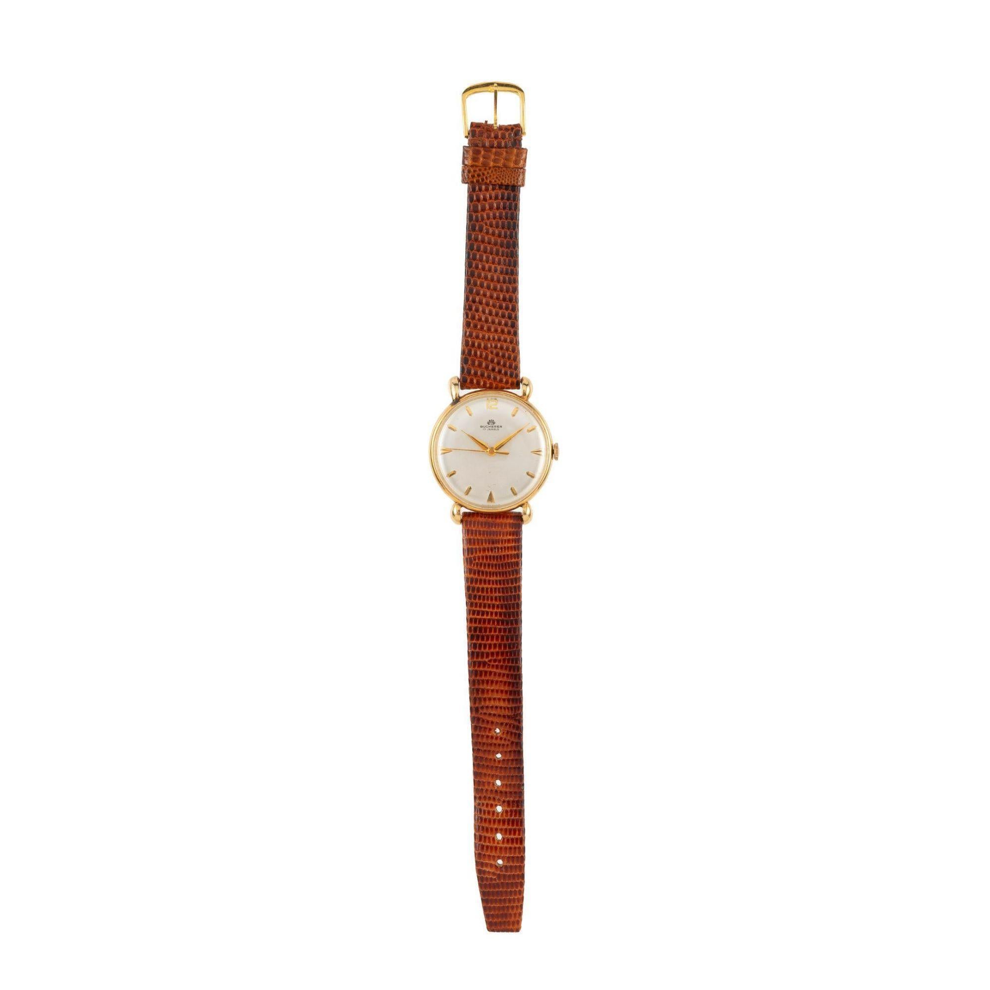 Bucherer 33mm Manual Wind 18K Gold On Leather Watch Ref 50030 In Excellent Condition For Sale In Miami, FL