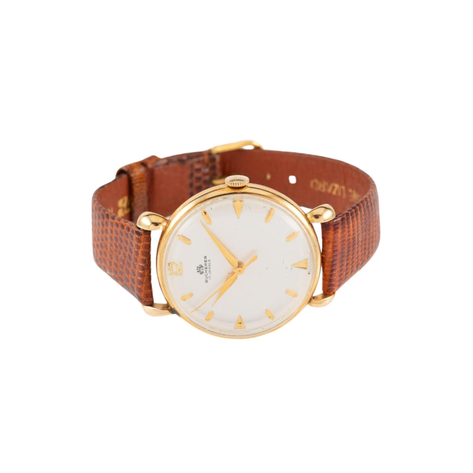 Women's or Men's Bucherer 33mm Manual Wind 18K Gold On Leather Watch Ref 50030 For Sale