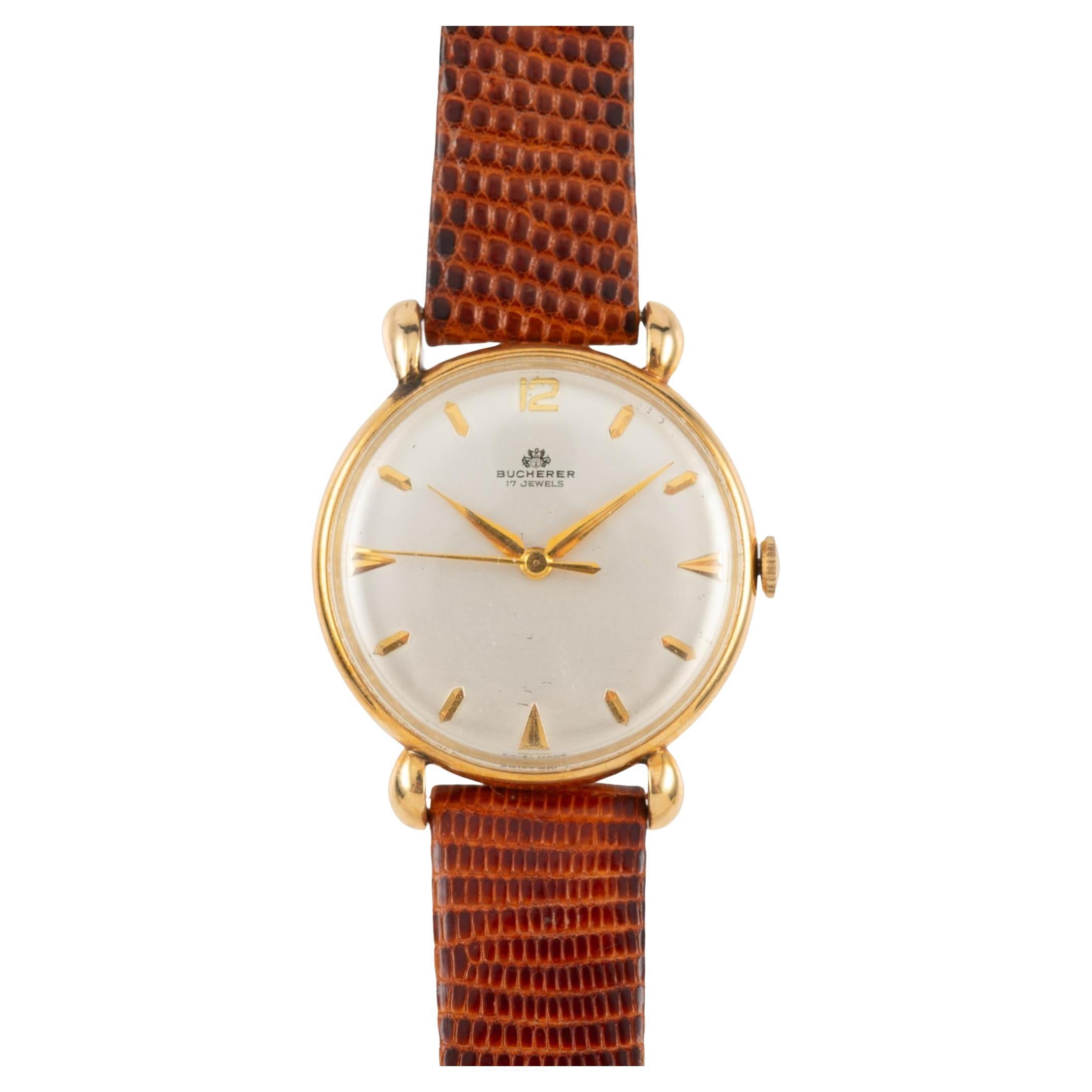 Bucherer 33mm Manual Wind 18K Gold On Leather Watch Ref 50030 For Sale