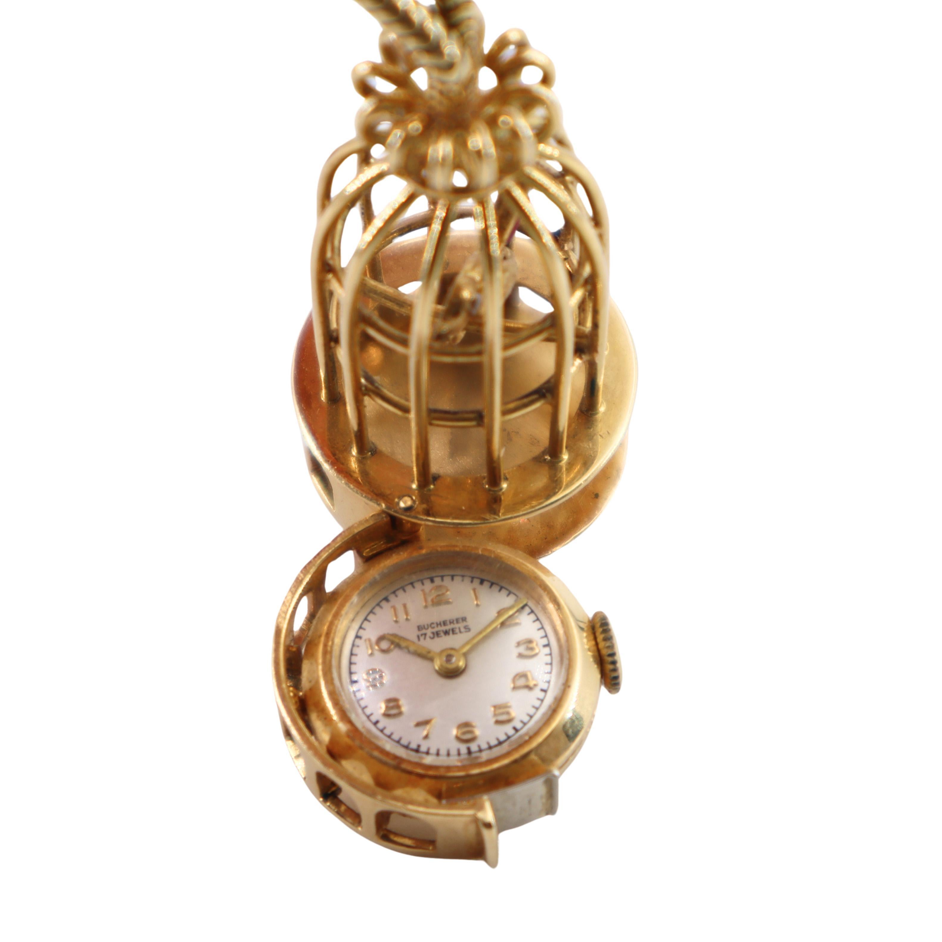 Taille baguette BUCHERER Montre et broche Art déco rétro 1940 en or 18 carats avec diamants en vente