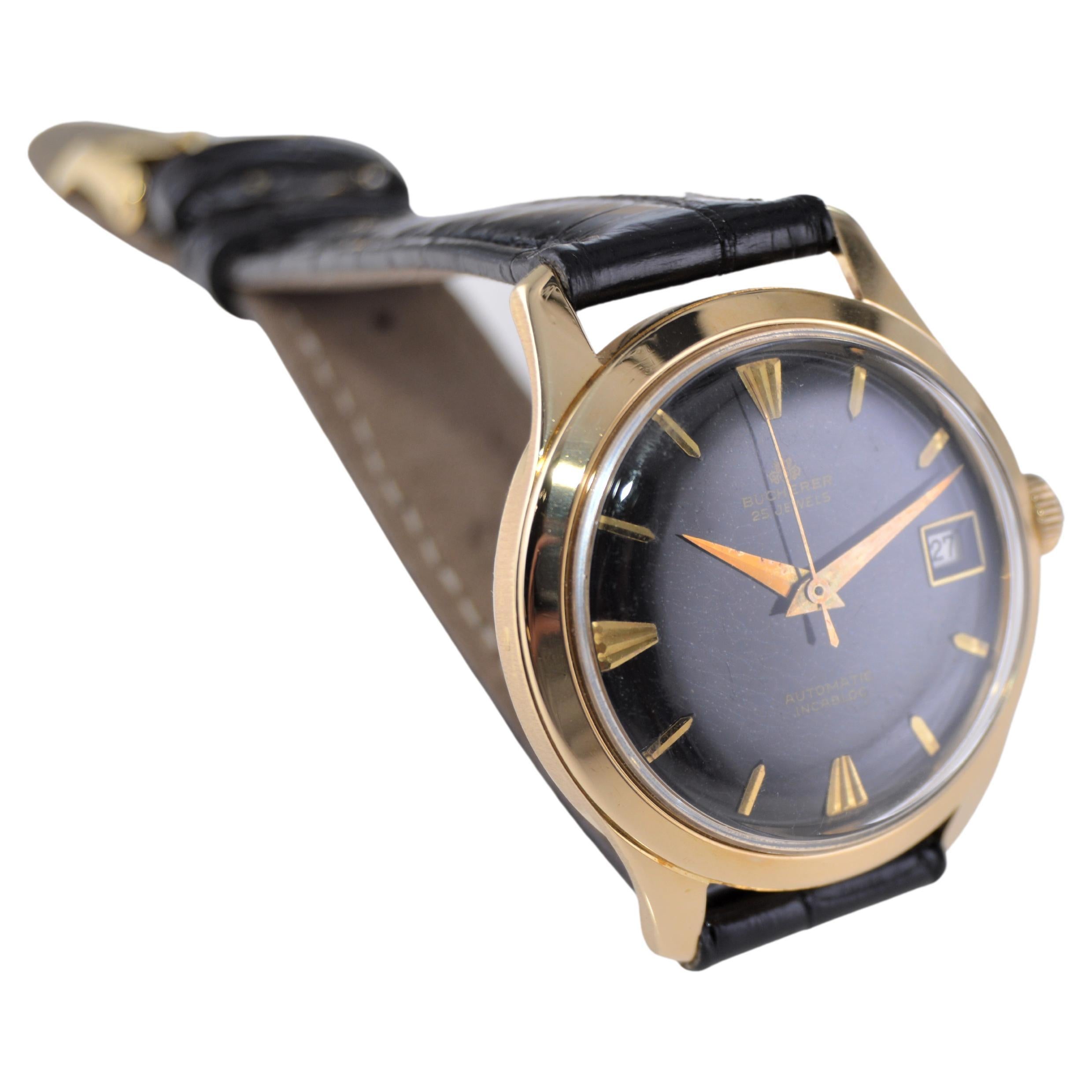 Bucherer Montre-bracelet Art déco automatique en or 18 carats avec cadran noir d'origine  Unisexe en vente