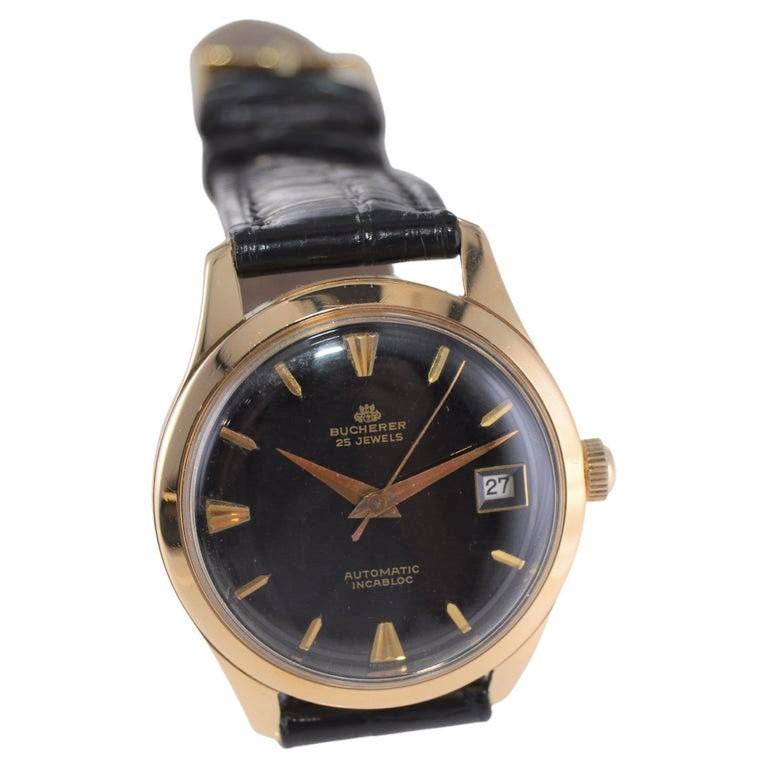 Bucherer Automatic 18Kt Gold Art Deco Wrist Watch with Original Black Dial  In Excellent Condition For Sale In Long Beach, CA