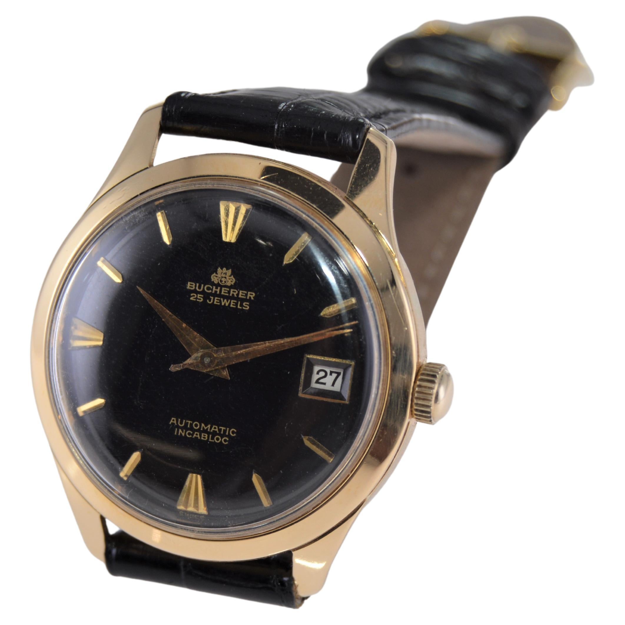 Women's or Men's Bucherer Automatic 18Kt Gold Art Deco Wrist Watch with Original Black Dial  For Sale