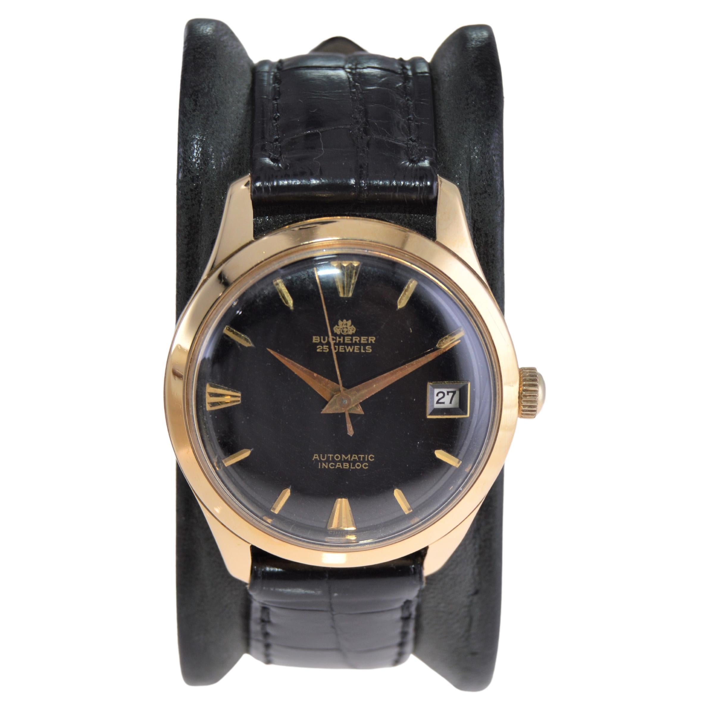 Bucherer Automatic 18Kt Gold Art Deco Wrist Watch with Original Black Dial