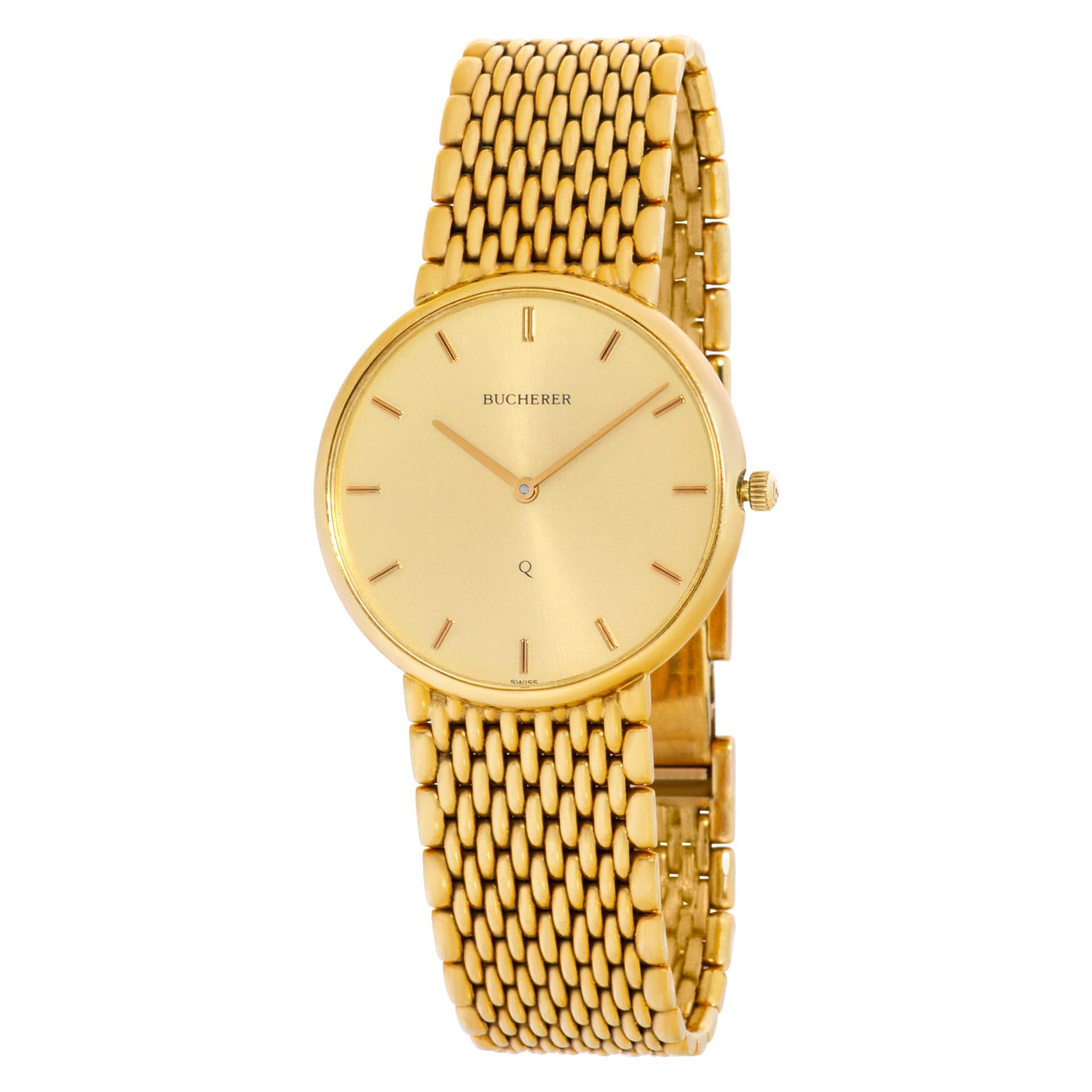 Bucherer Classic in 18k on a mesh band. Fits 7 inches. Quartz. 32 mm case size. Ref 255.027. Circa 1990s. Fine Pre-owned Bucherer Watch.   Certified preowned Classic Bucherer Classic 255.027 watch is made out of yellow gold on a 18k bracelet with a