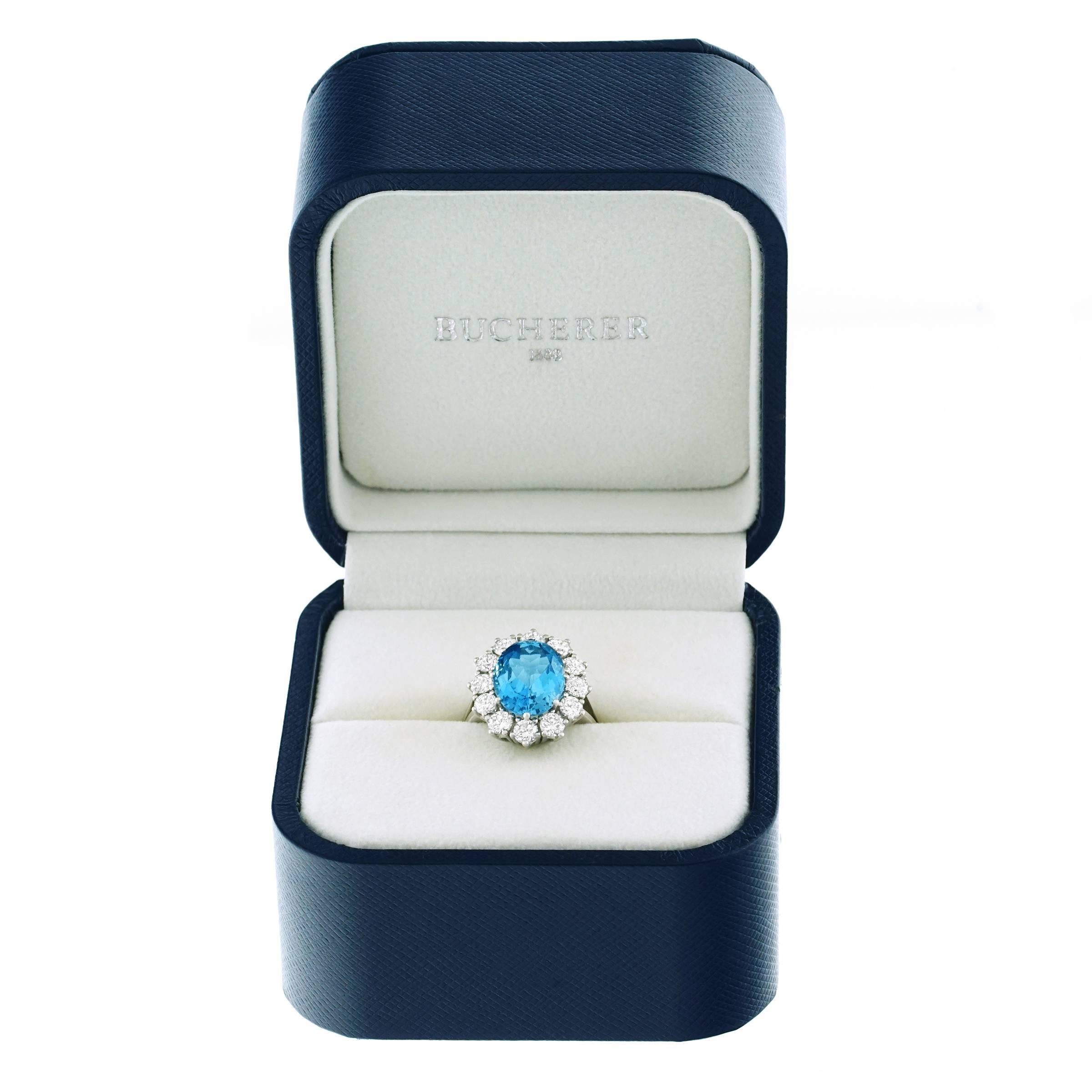 Bucherer Classic Aquamarine and Diamond Set Gold Ring In Excellent Condition In Litchfield, CT