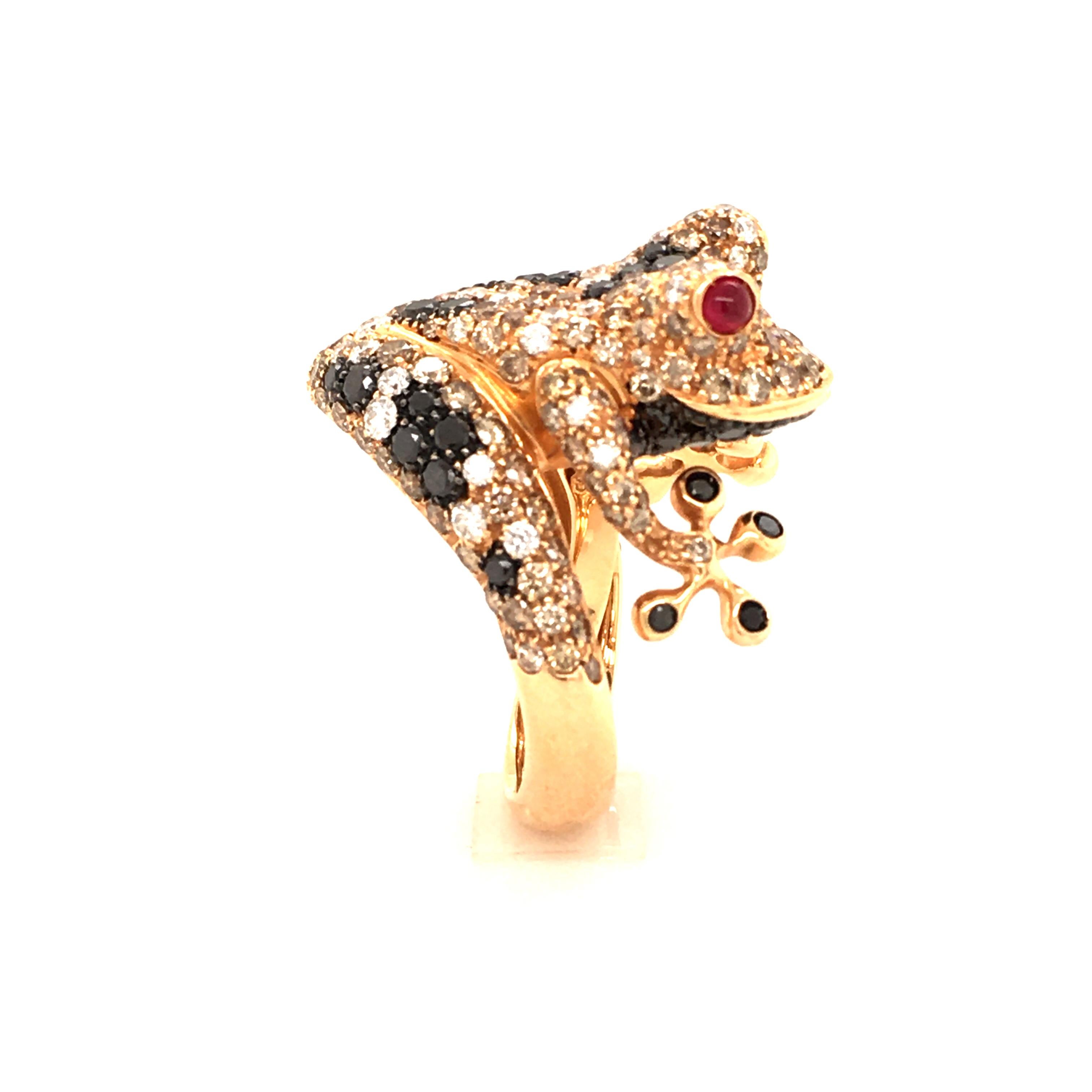 Contemporary Bucherer Diamond and Ruby Rose Gold Frog Ring
