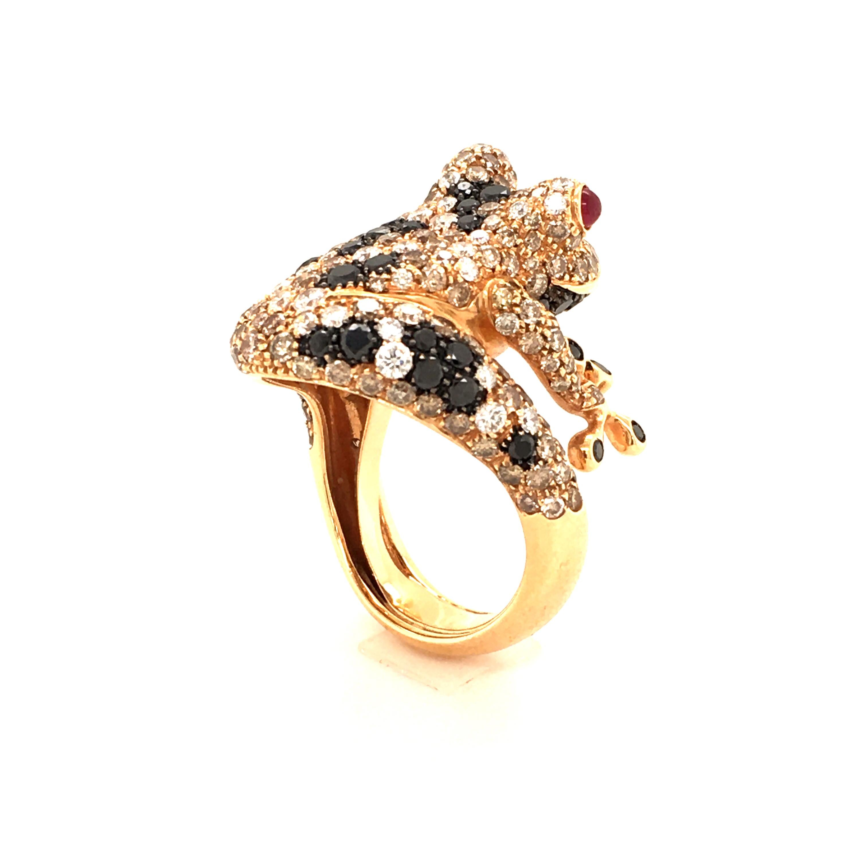Bucherer Diamond and Ruby Rose Gold Frog Ring In Excellent Condition In Lucerne, CH