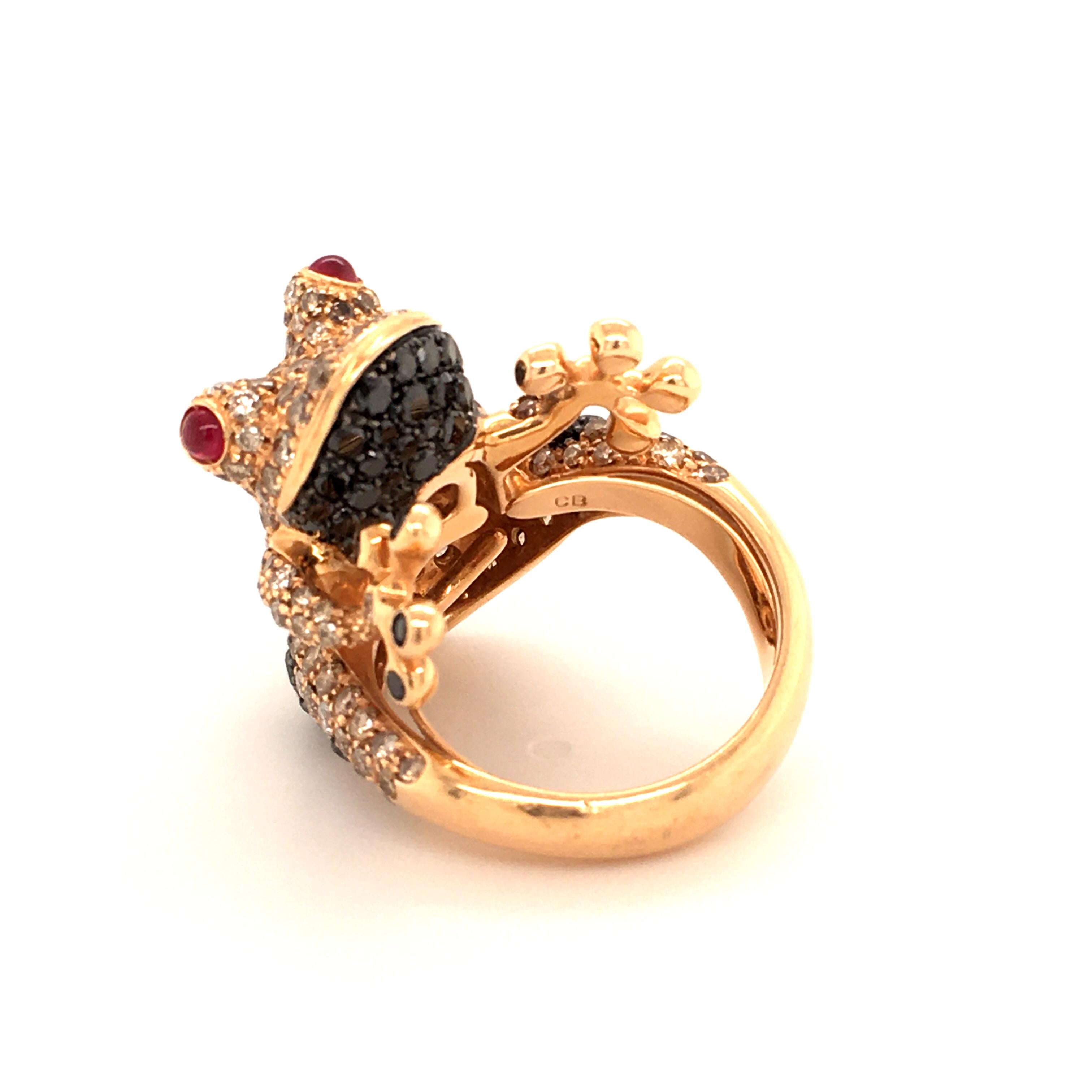 Women's or Men's Bucherer Diamond and Ruby Rose Gold Frog Ring