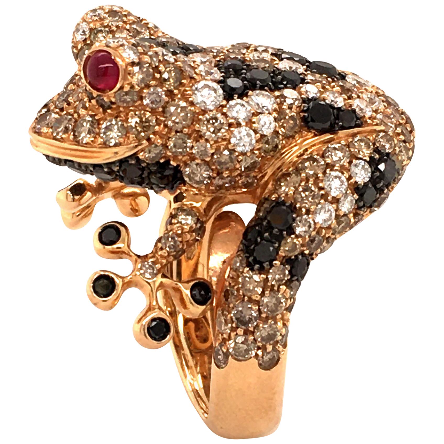 Bucherer Diamond and Ruby Rose Gold Frog Ring
