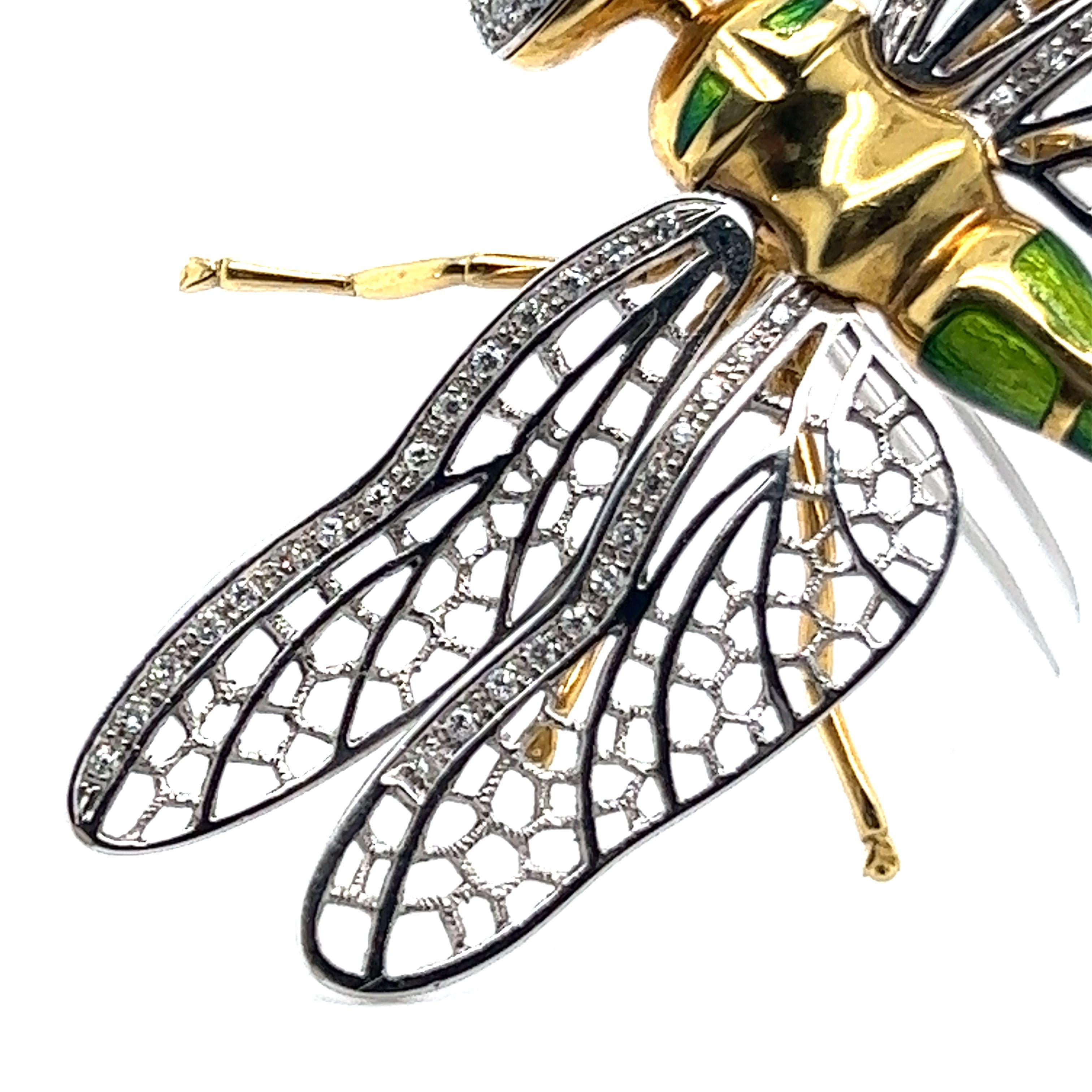 Brilliant Cut Bucherer Dragonfly Brooch with Diamonds in 18 Karat Yellow and White Gold For Sale