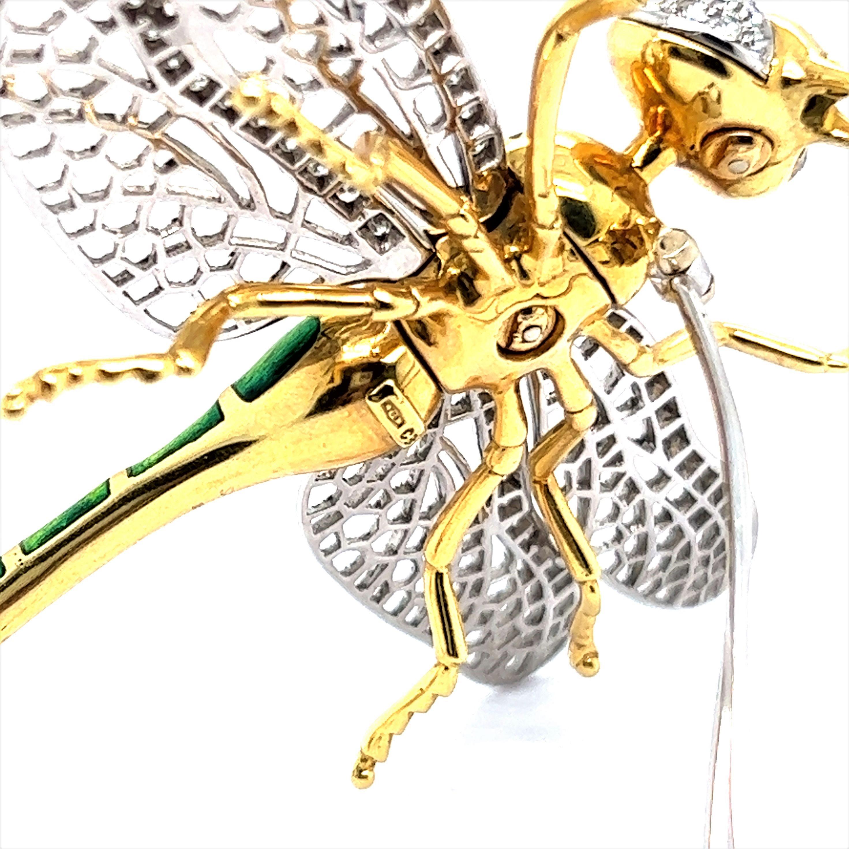 Women's or Men's Bucherer Dragonfly Brooch with Diamonds in 18 Karat Yellow and White Gold For Sale