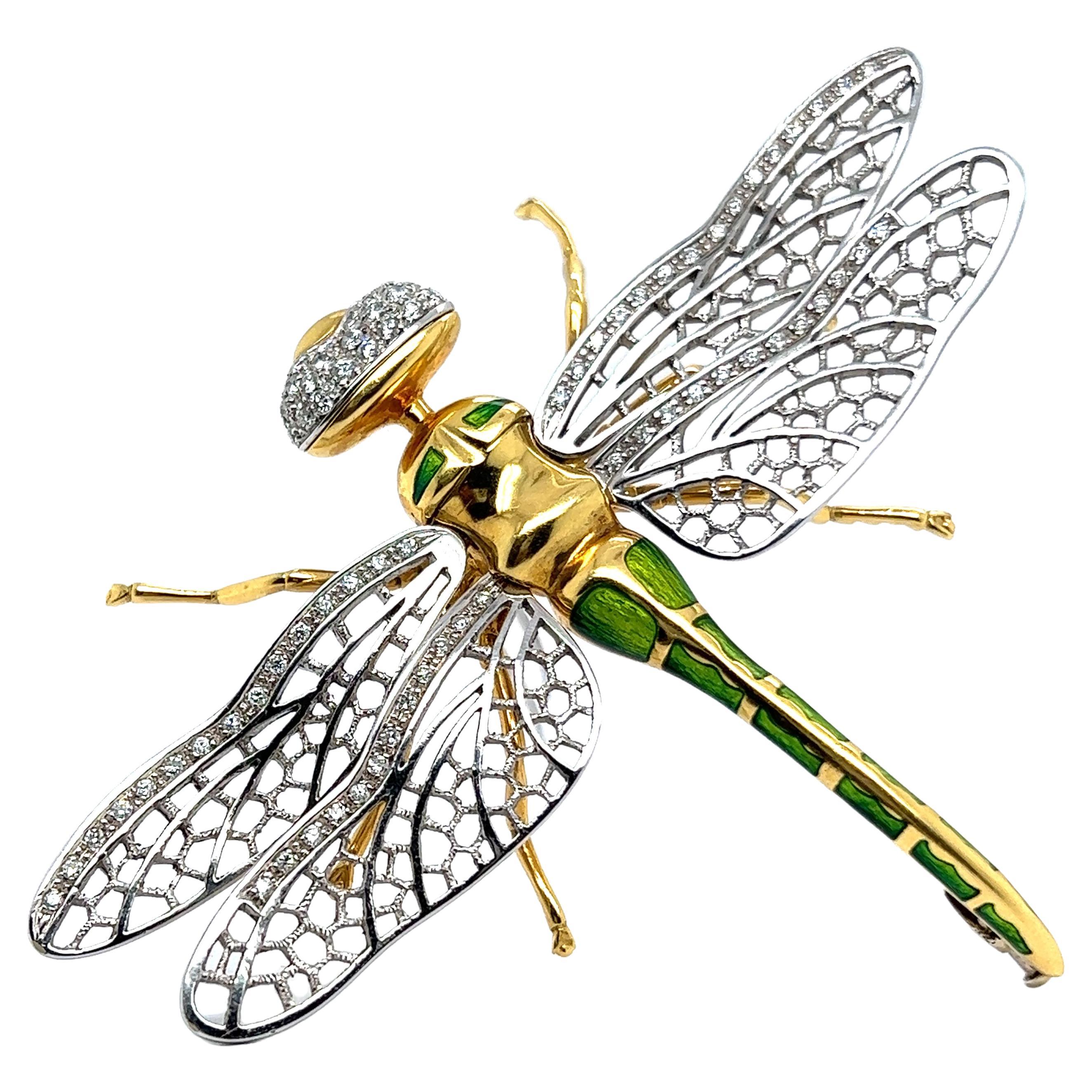 Bucherer Dragonfly Brooch with Diamonds in 18 Karat Yellow and White Gold For Sale
